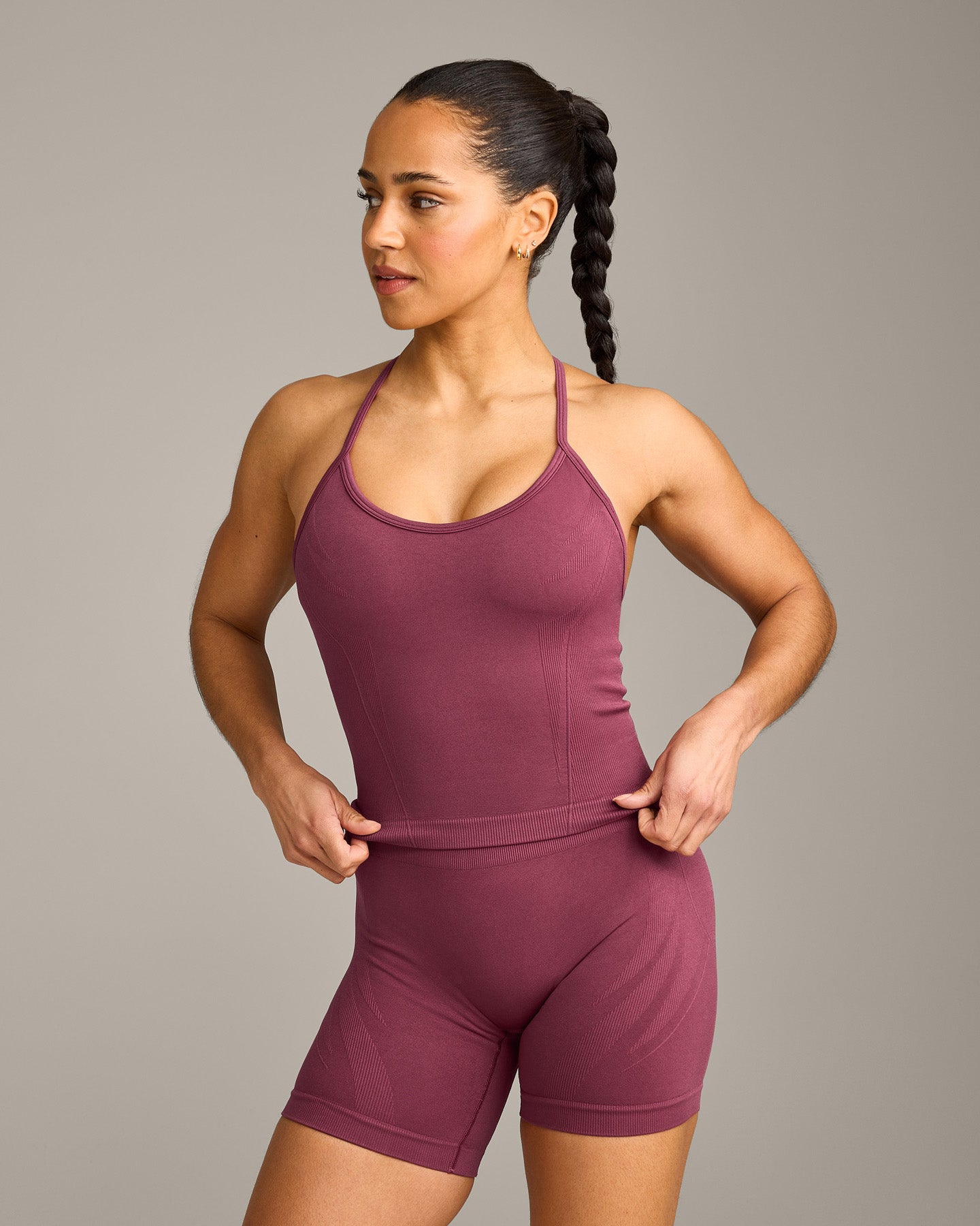EnhanceLift Seamless Strappy Racer Vest with Built in Bra Shelf with Grey Logo | Burnt Maroon