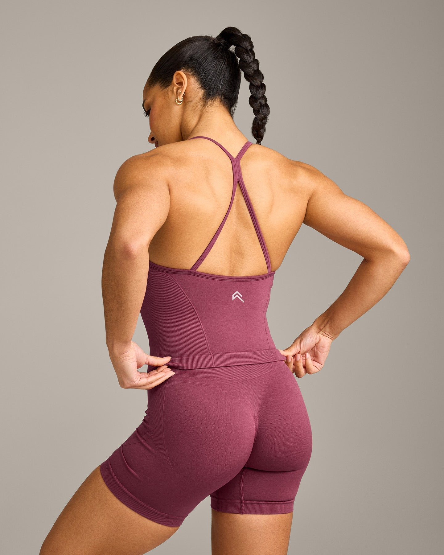 Alternative view of EnhanceLift Seamless Strappy Racer Vest with Built in Bra Shelf with Grey Logo | Burnt Maroon