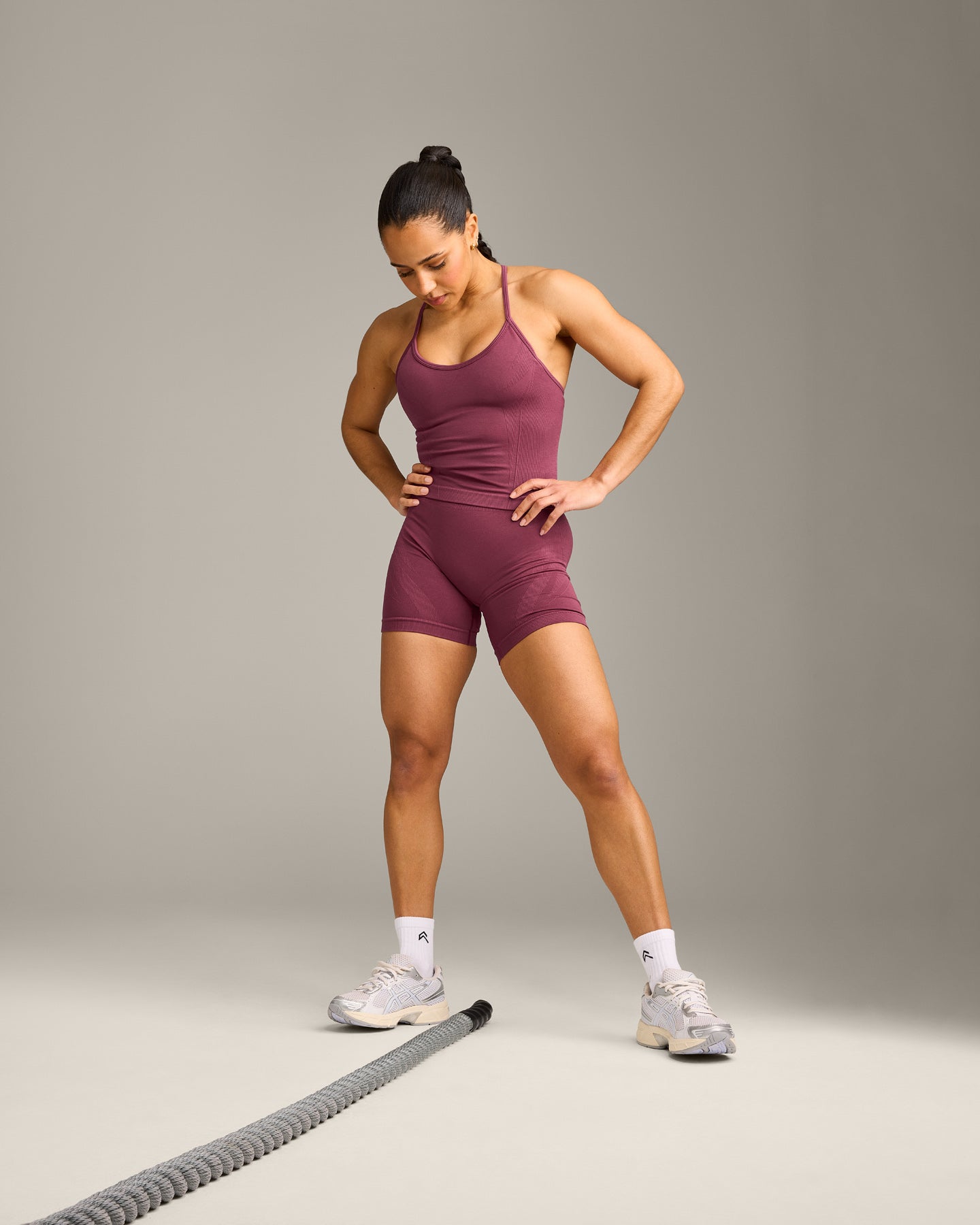 EnhanceLift Seamless Strappy Racer Vest with Built in Bra Shelf with Grey Logo | Burnt Maroon - Image 3