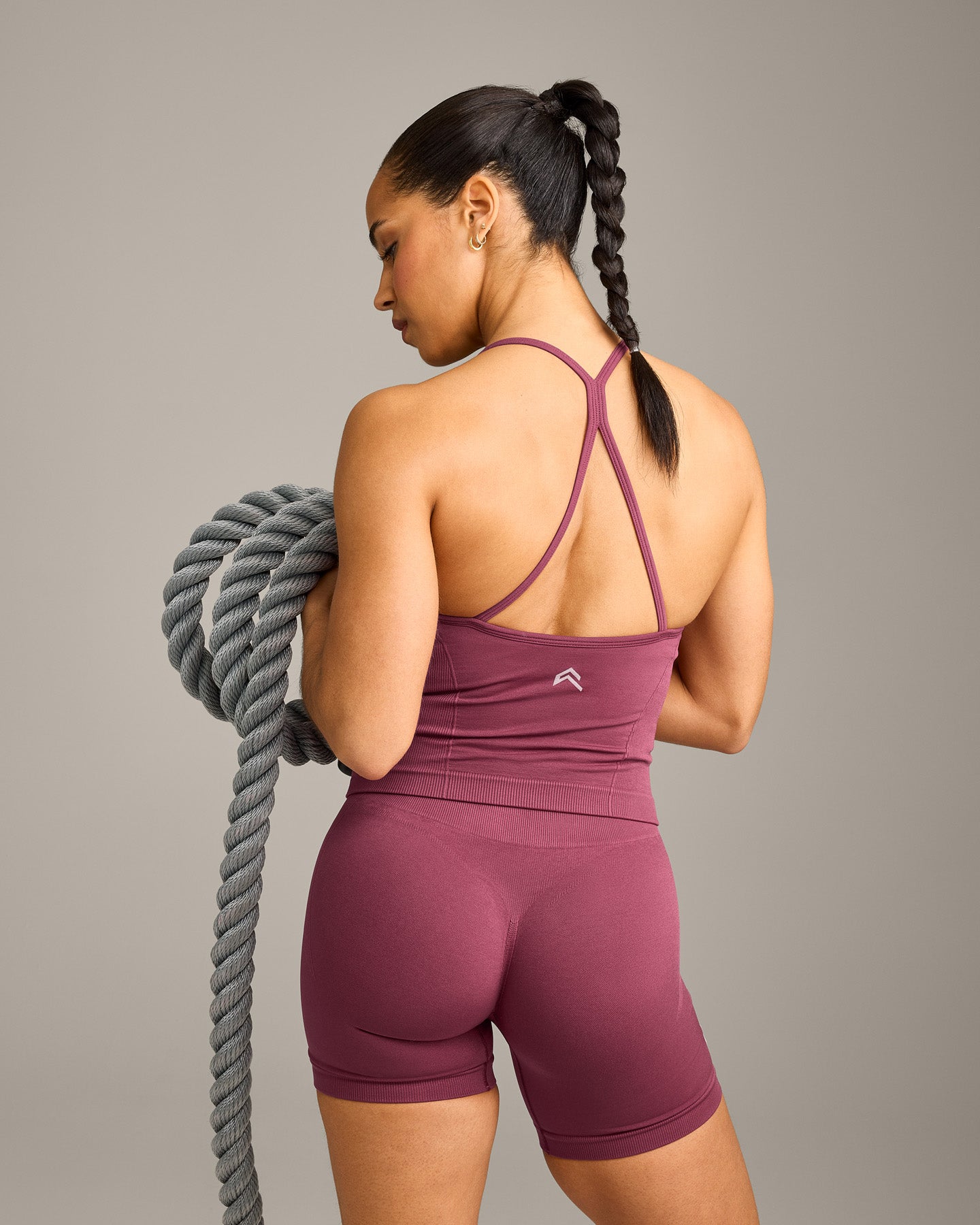EnhanceLift Seamless Strappy Racer Vest with Built in Bra Shelf with Grey Logo | Burnt Maroon - Image 6