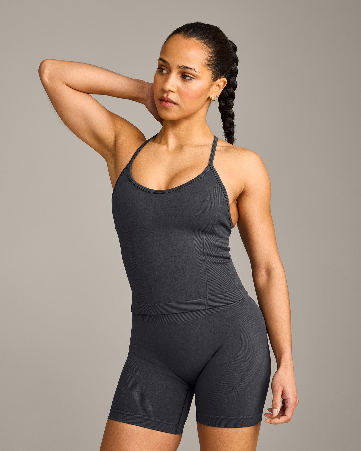 EnhanceLift Seamless Strappy Racer Vest with Built in Bra Shelf with Grey Logo | Coal