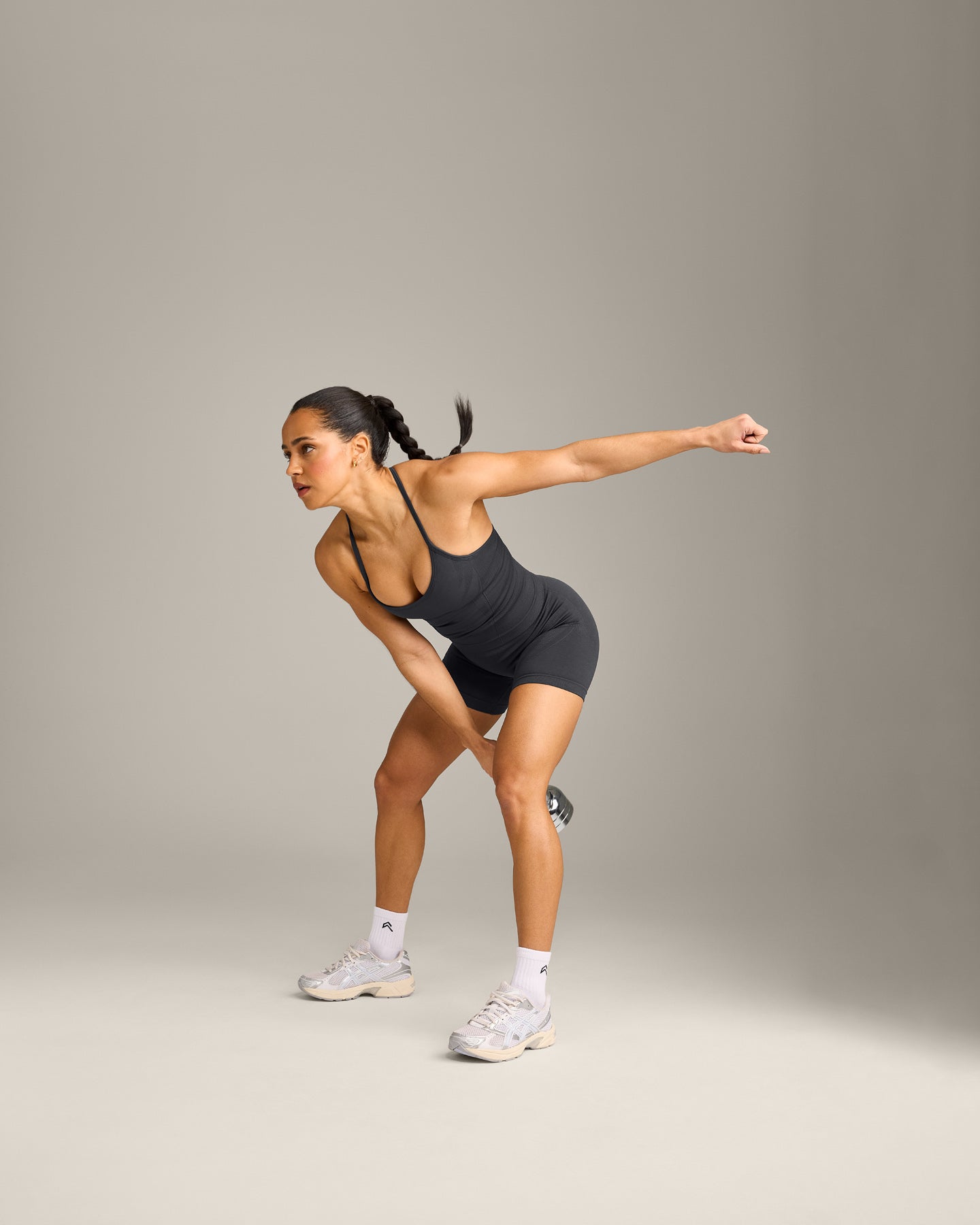 EnhanceLift Seamless Strappy Racer Vest with Built in Bra Shelf with Grey Logo | Coal - Image 3