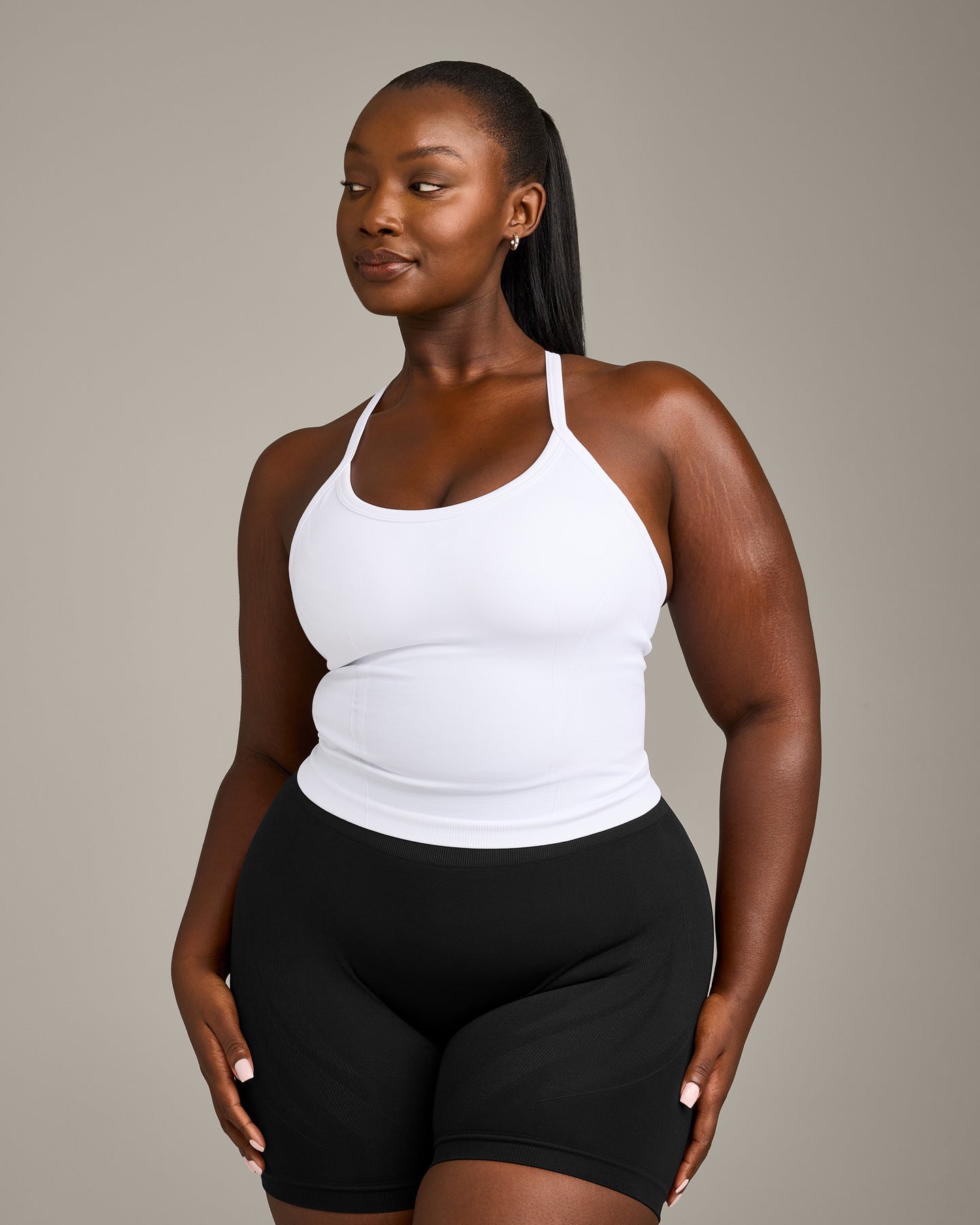 EnhanceLift Seamless Strappy Racer Vest with Built in Bra Shelf with Grey Logo | White