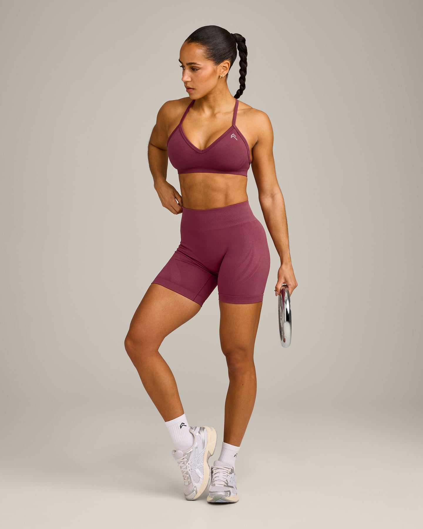 EnhanceLift Seamless Strappy Sports Bra with Grey Logo | Burnt Maroon - Image 3