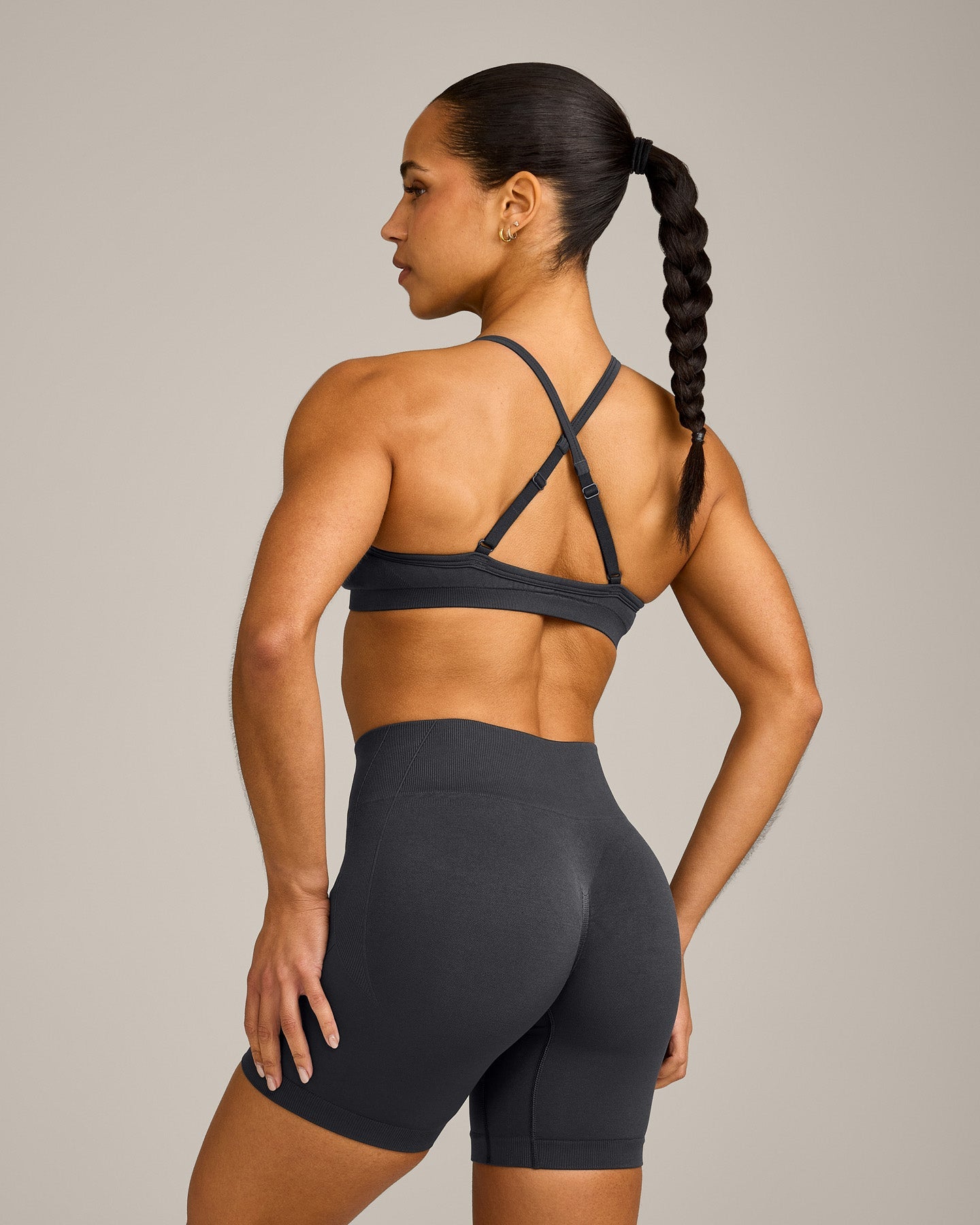Alternative view of EnhanceLift Seamless Strappy Sports Bra with Grey Logo | Coal