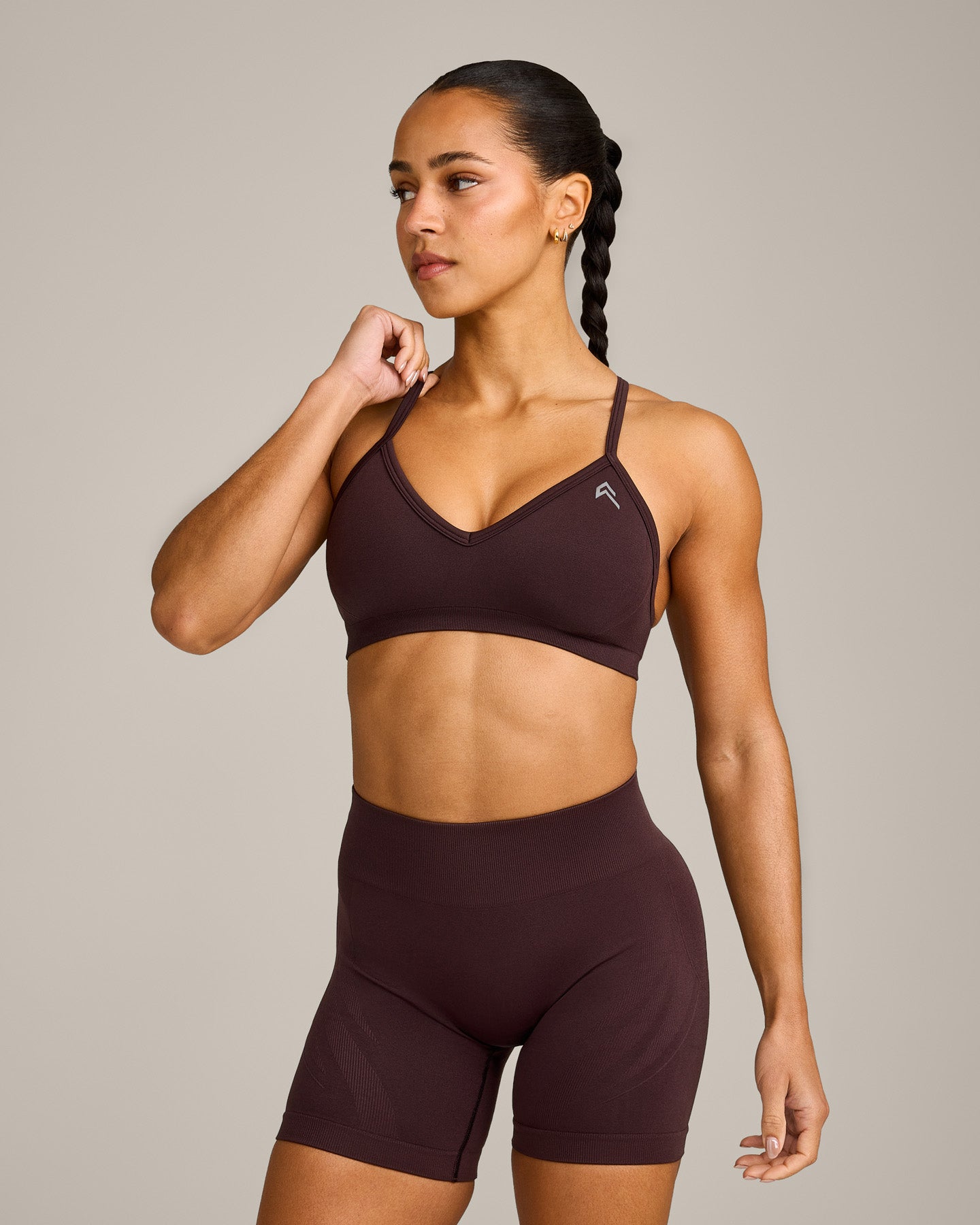 EnhanceLift Seamless Strappy Sports Bra with Grey Logo | Plum Brown
