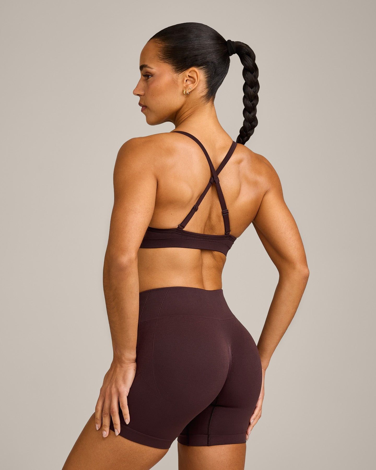 Alternative view of EnhanceLift Seamless Strappy Sports Bra with Grey Logo | Plum Brown