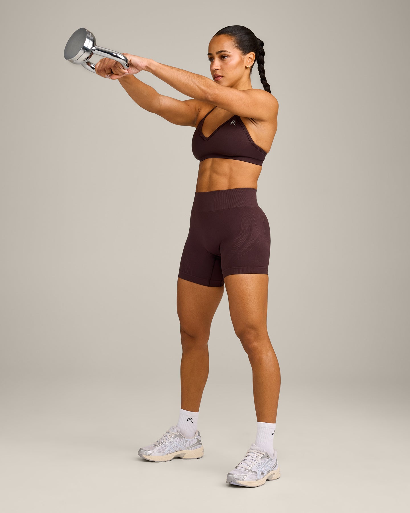 EnhanceLift Seamless Strappy Sports Bra with Grey Logo | Plum Brown - Image 3