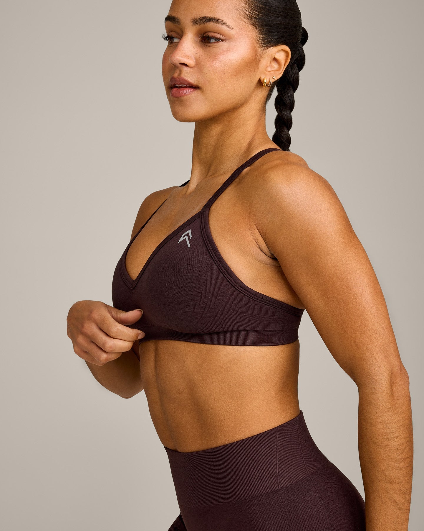 EnhanceLift Seamless Strappy Sports Bra with Grey Logo | Plum Brown - Image 5