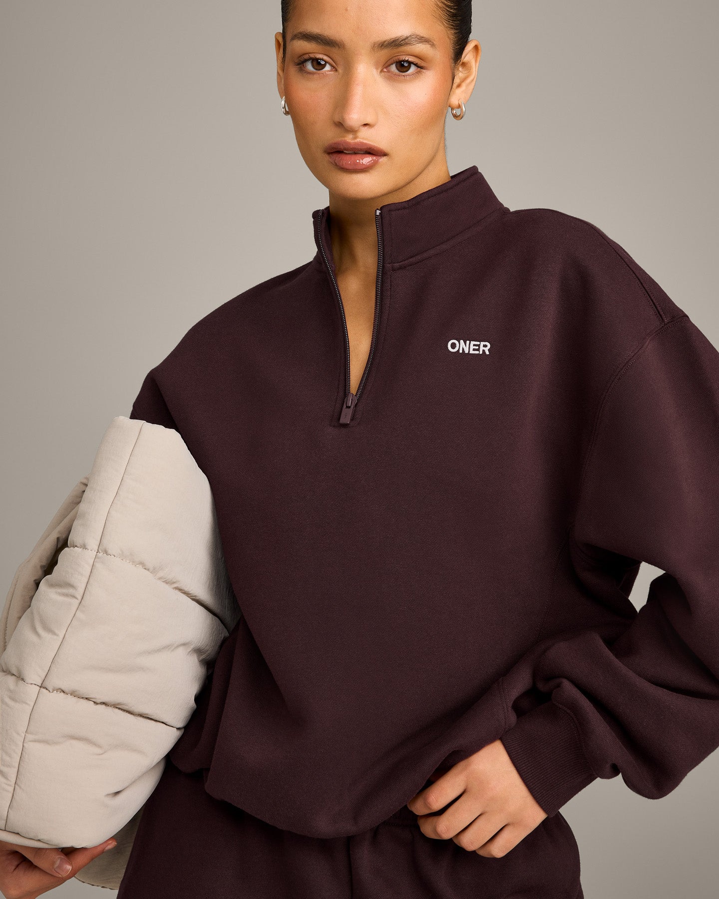 Foundations Cosy 1/4 Zip Sweatshirt | Plum Brown - Image 4