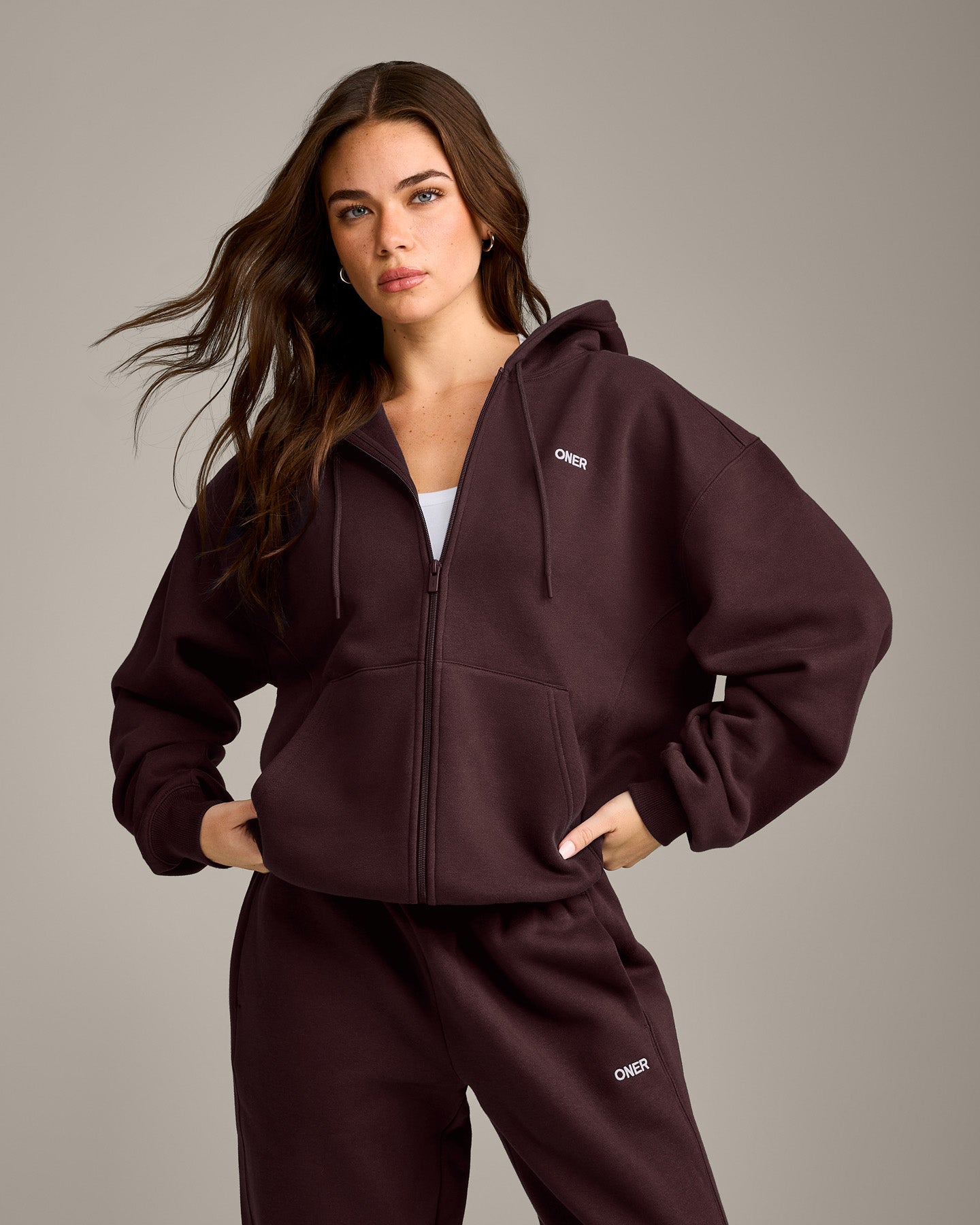 Foundations Cosy Zip Through Hoodie | Plum Brown