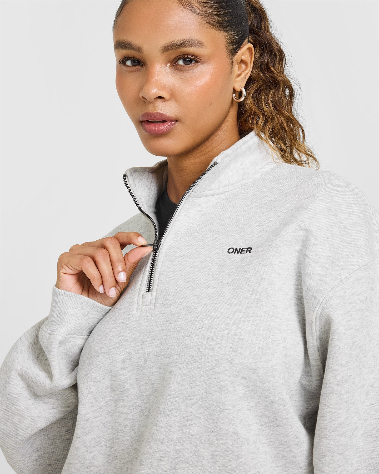 Foundations Oversized 1/4 Zip Sweatshirt | Light Grey Marl - Image 5