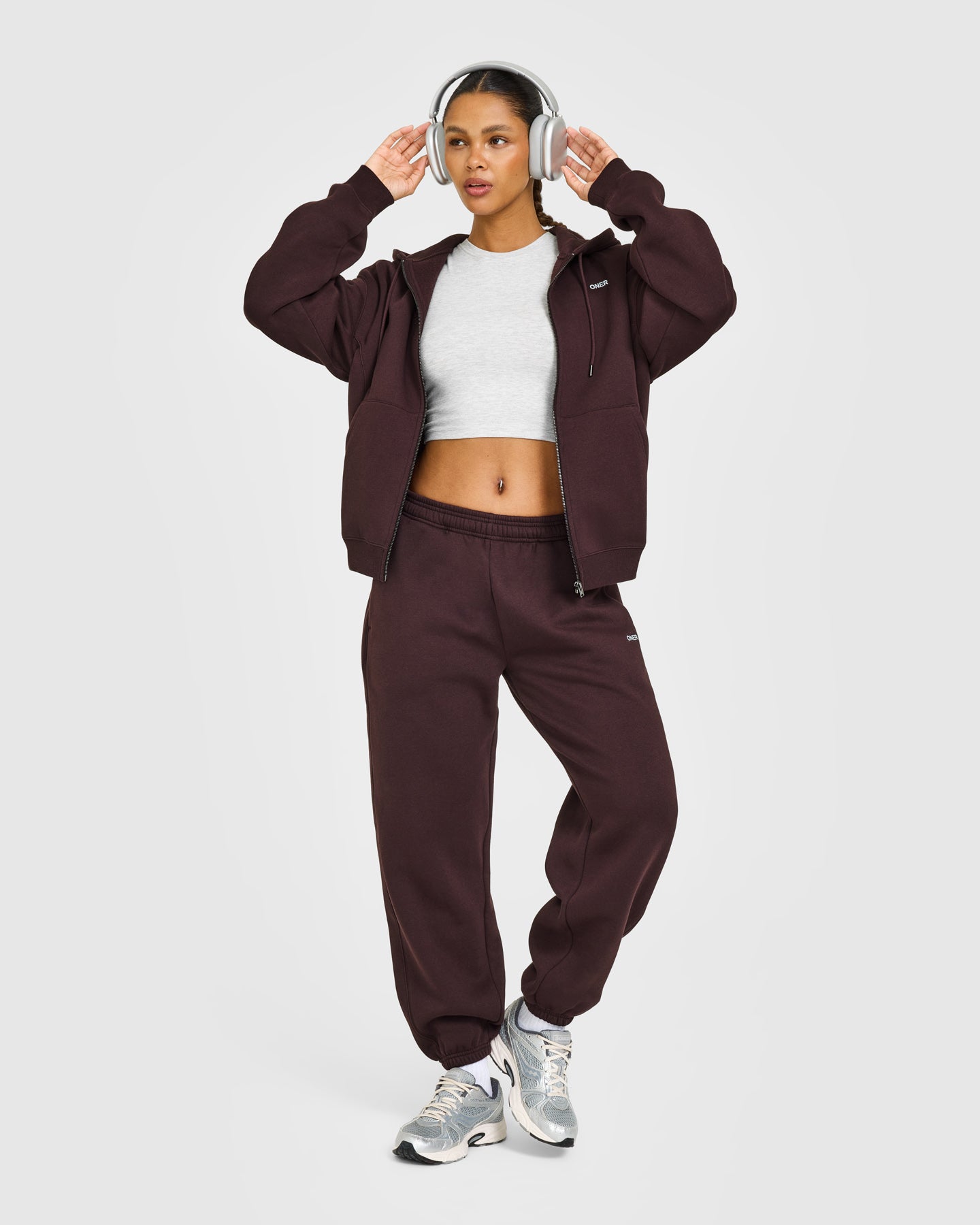 Alternative view of Foundations Zip Through Hoodie with Grey Logo | Plum Brown