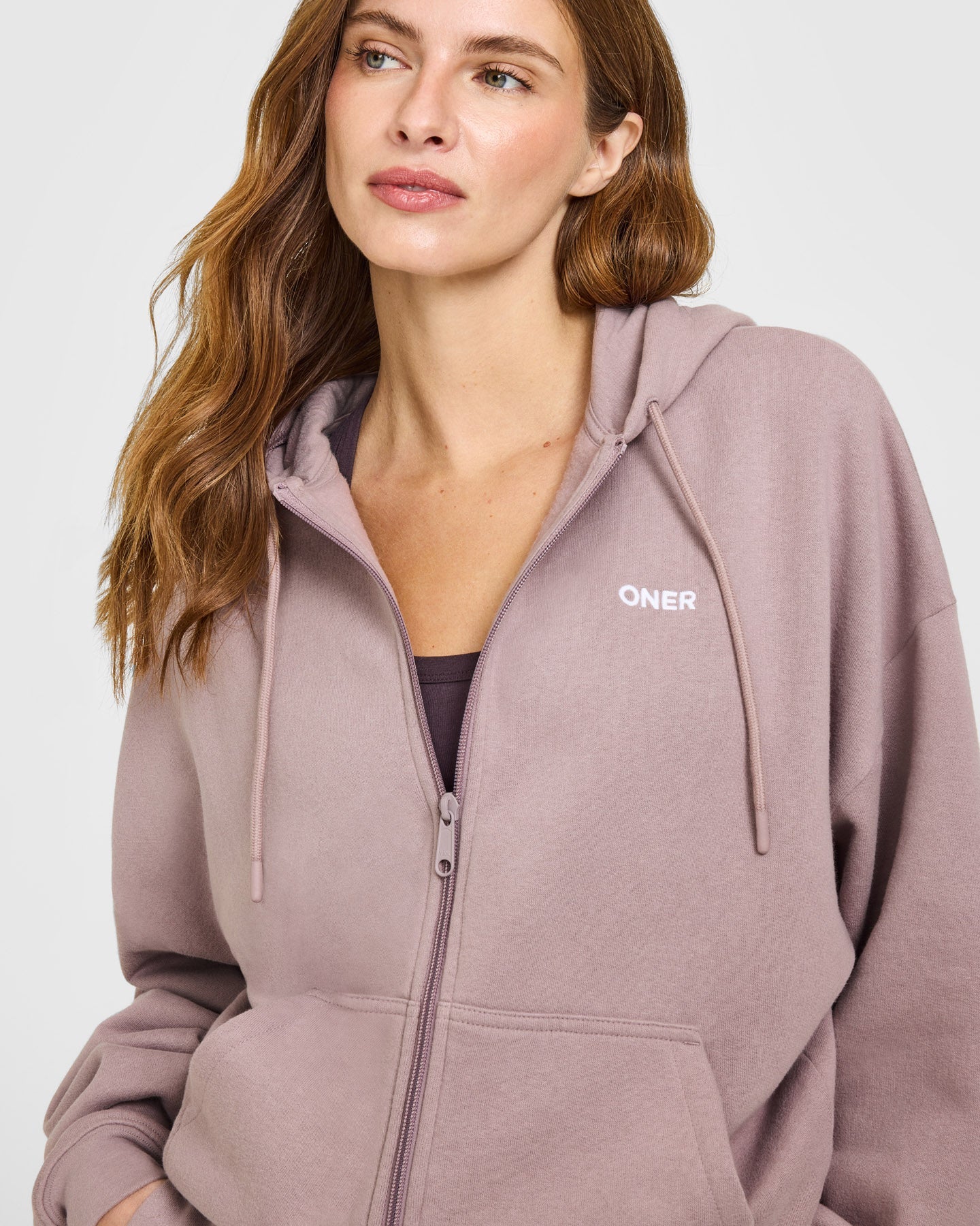 Alternative view of Mid Weight Relaxed Zip Through Hoodie | Dusty Purple