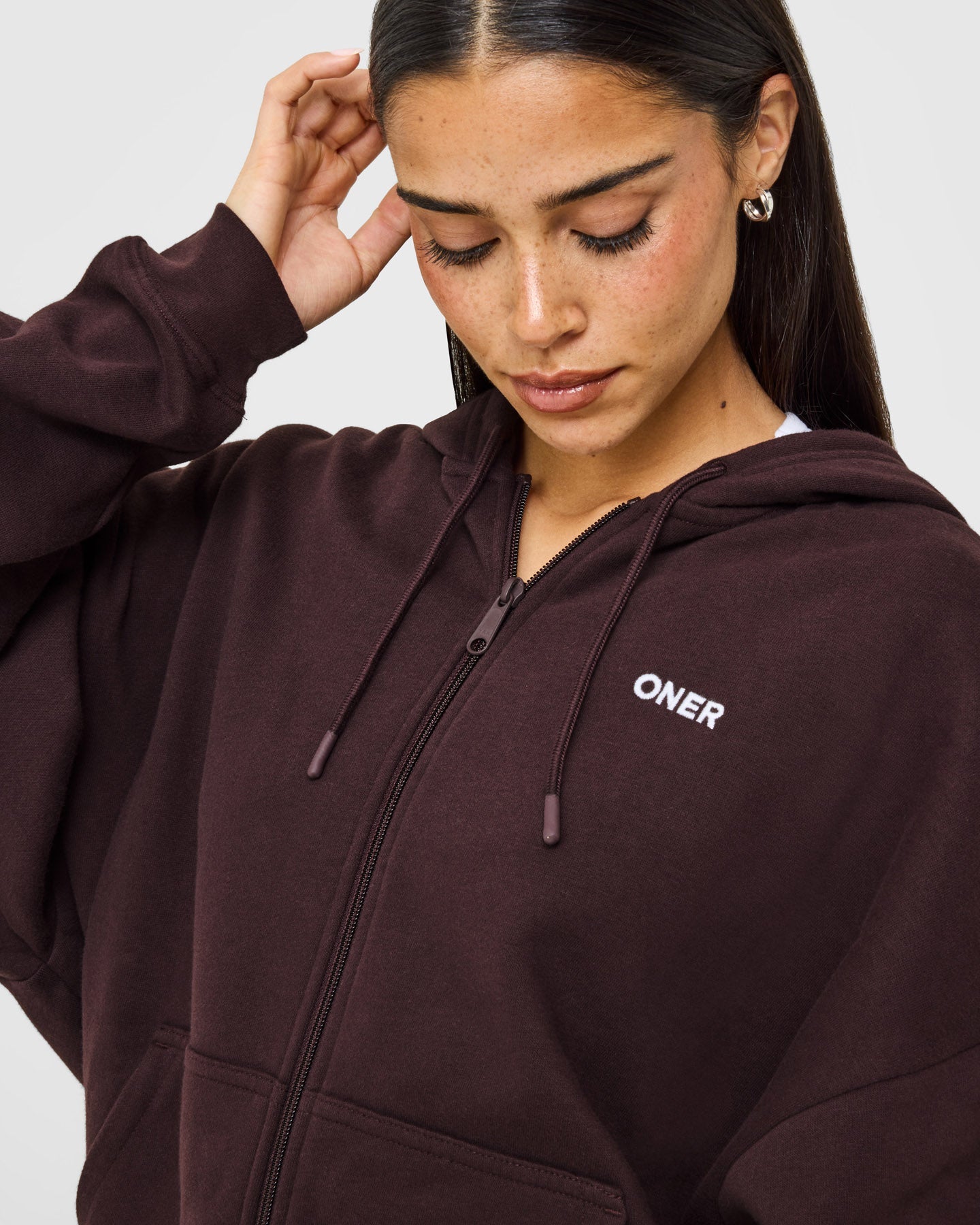 Alternative view of Mid Weight Relaxed Zip Through Hoodie | Plum Brown