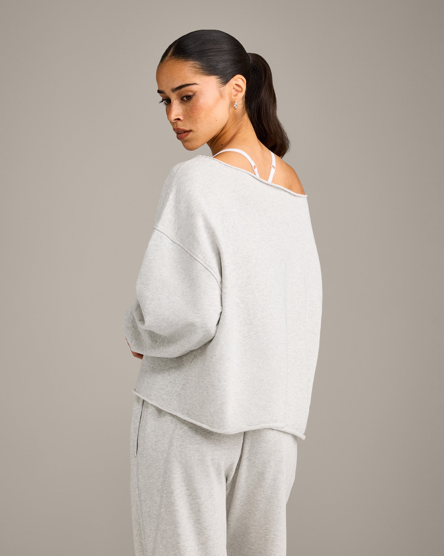 Raw Cut Lounge Off-The-Shoulder Sweatshirt | Light Grey Marl - Image 6