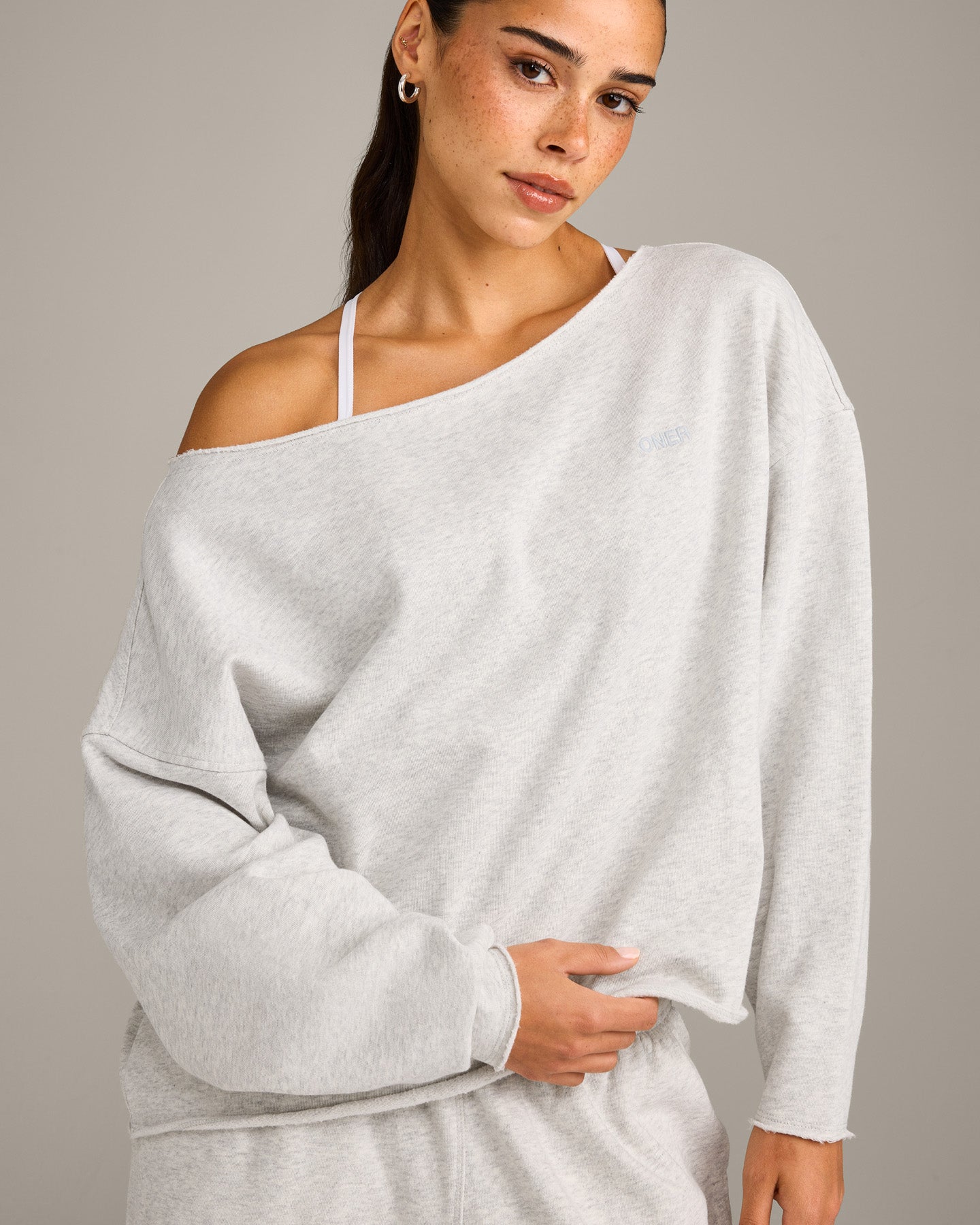 Alternative view of Raw Cut Lounge Off-The-Shoulder Sweatshirt | Light Grey Marl