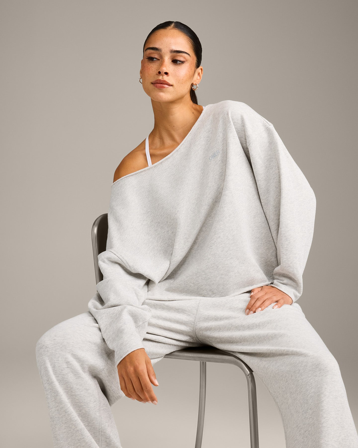 Raw Cut Lounge Off-The-Shoulder Sweatshirt | Light Grey Marl - Image 5