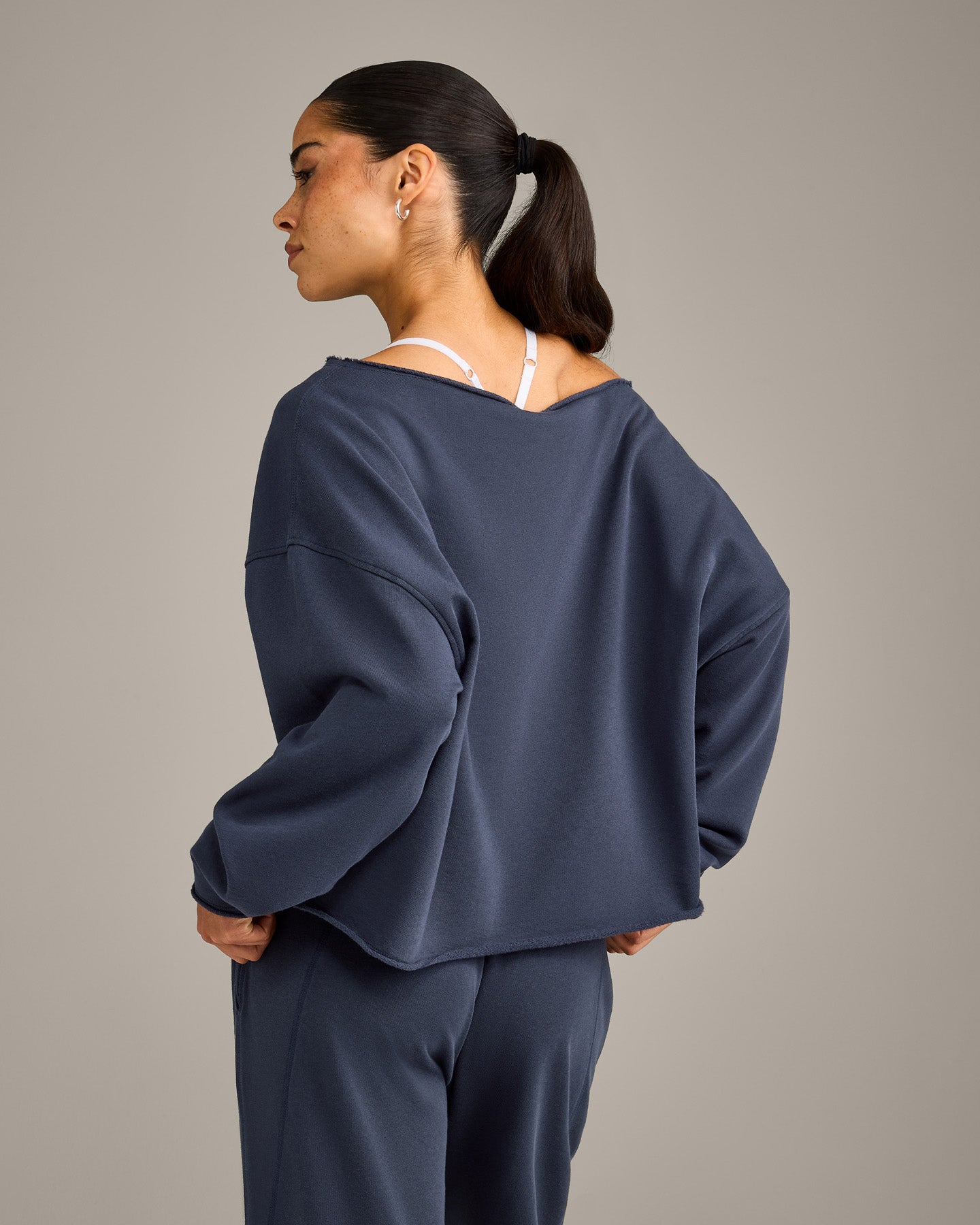 Alternative view of Raw Cut Lounge Off-The-Shoulder Sweatshirt | Washed True Blue