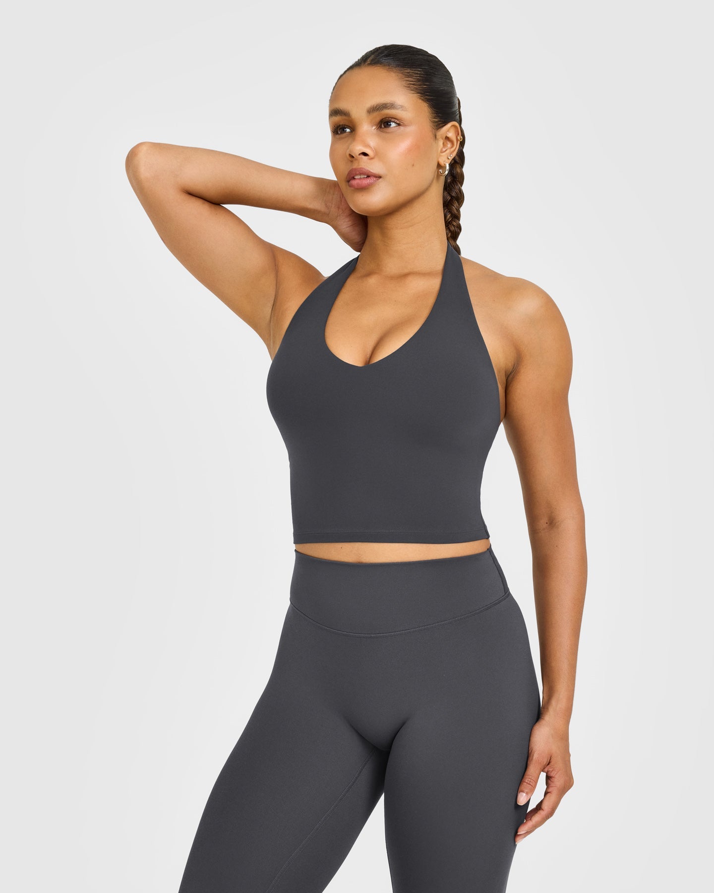 SoftMotion Halter Neck Mid Vest with Built in Bra Shelf with White Logo | Coal
