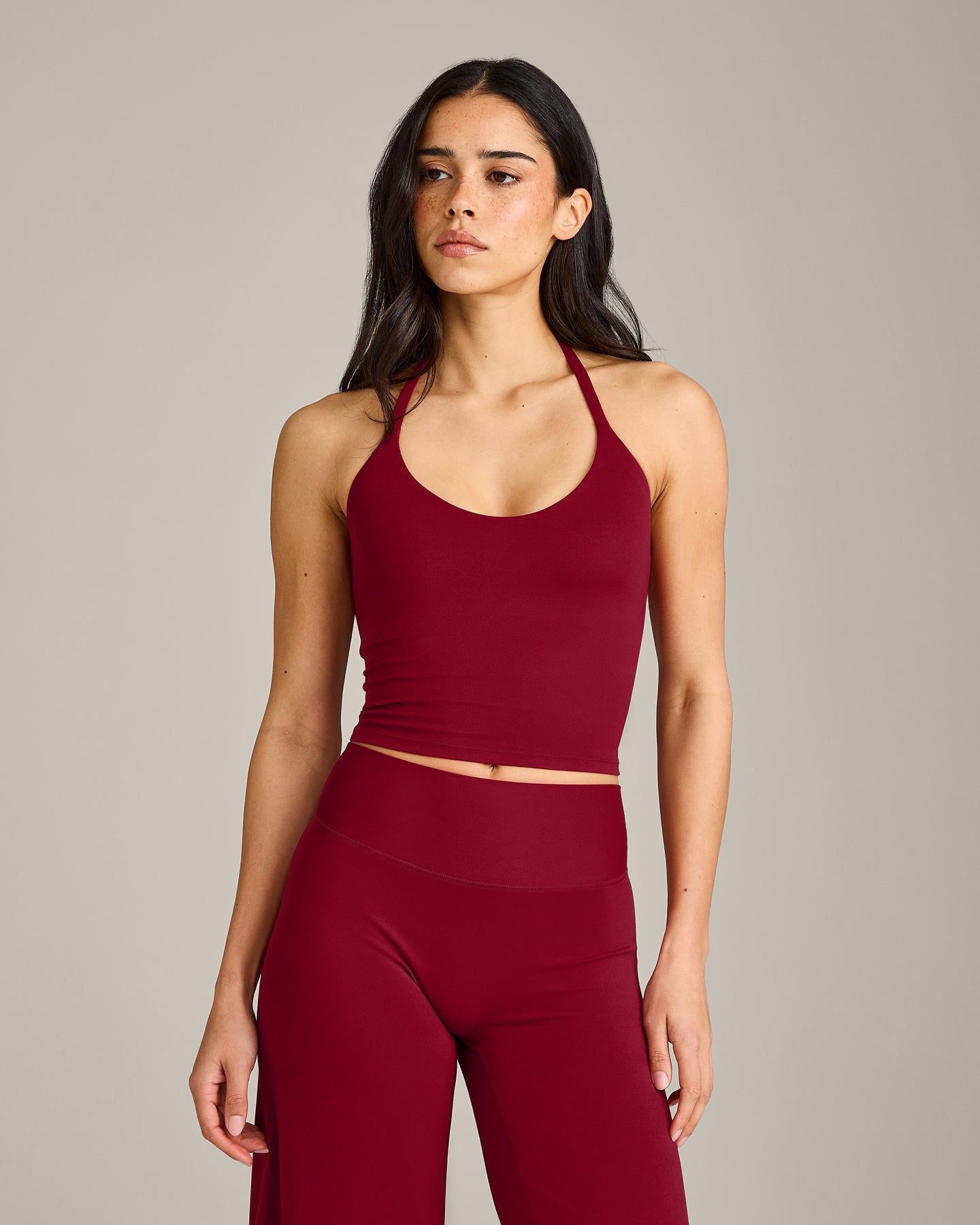 SoftMotion Strappy Halter Neck Mid Tank Top with Built in Bra Shelf with Grey Logo | Ruby Red
