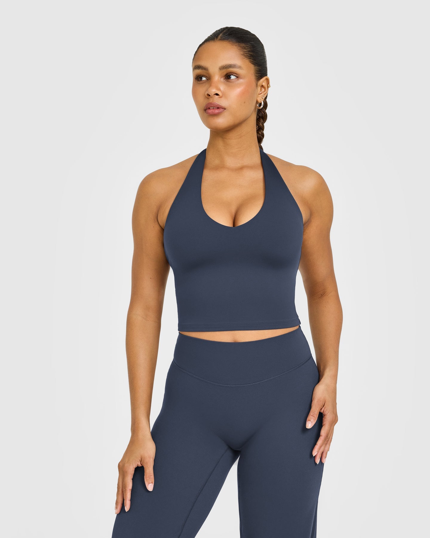 SoftMotion Halter Neck Mid Vest with Built in Bra Shelf with White Logo | True Blue