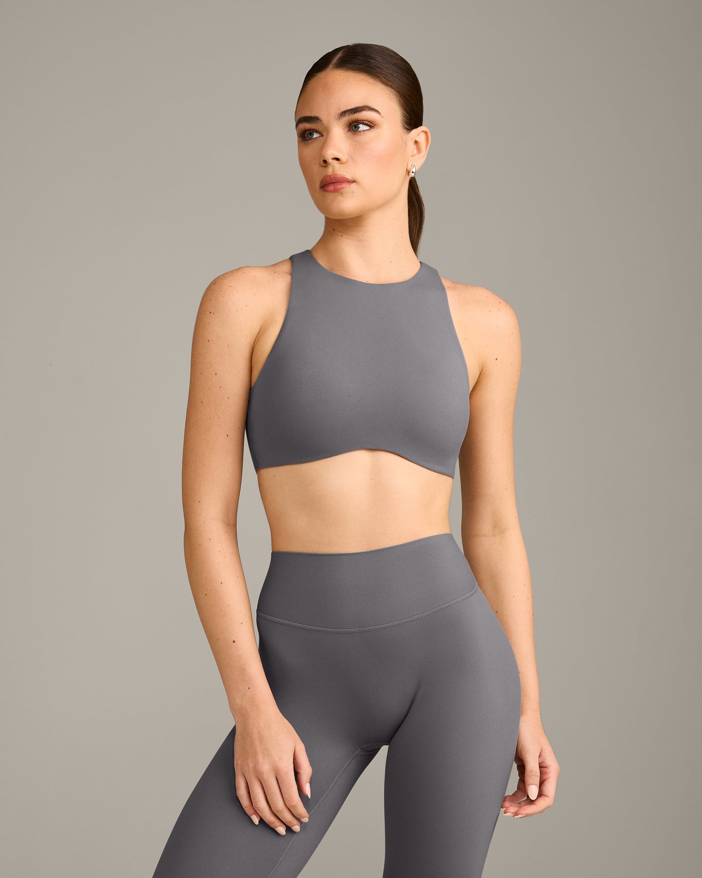 SoftMotion High Neck Sports Bra with Grey Logo | Ash Grey