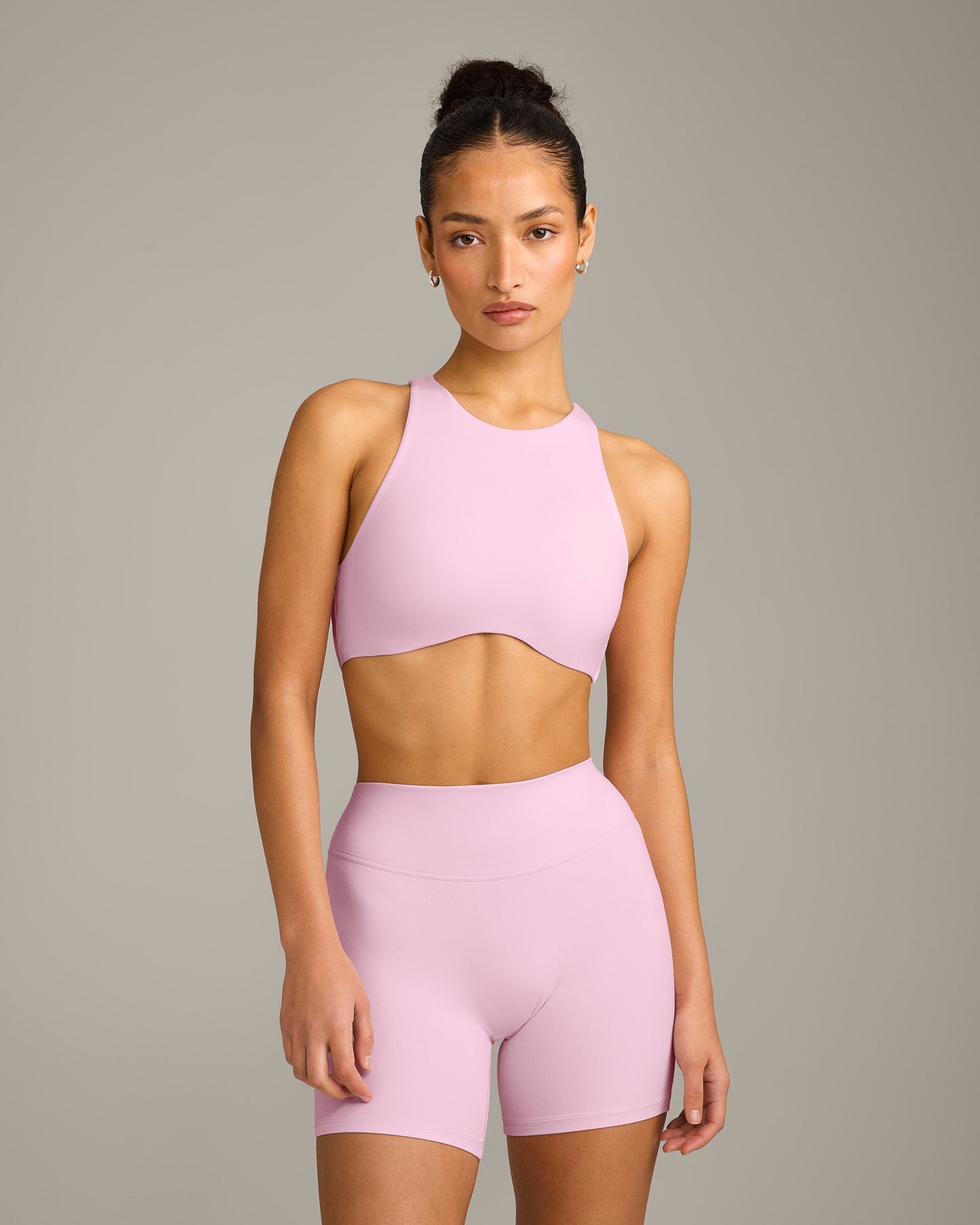 SoftMotion High Neck Sports Bra with Grey Logo | Chalk Pink