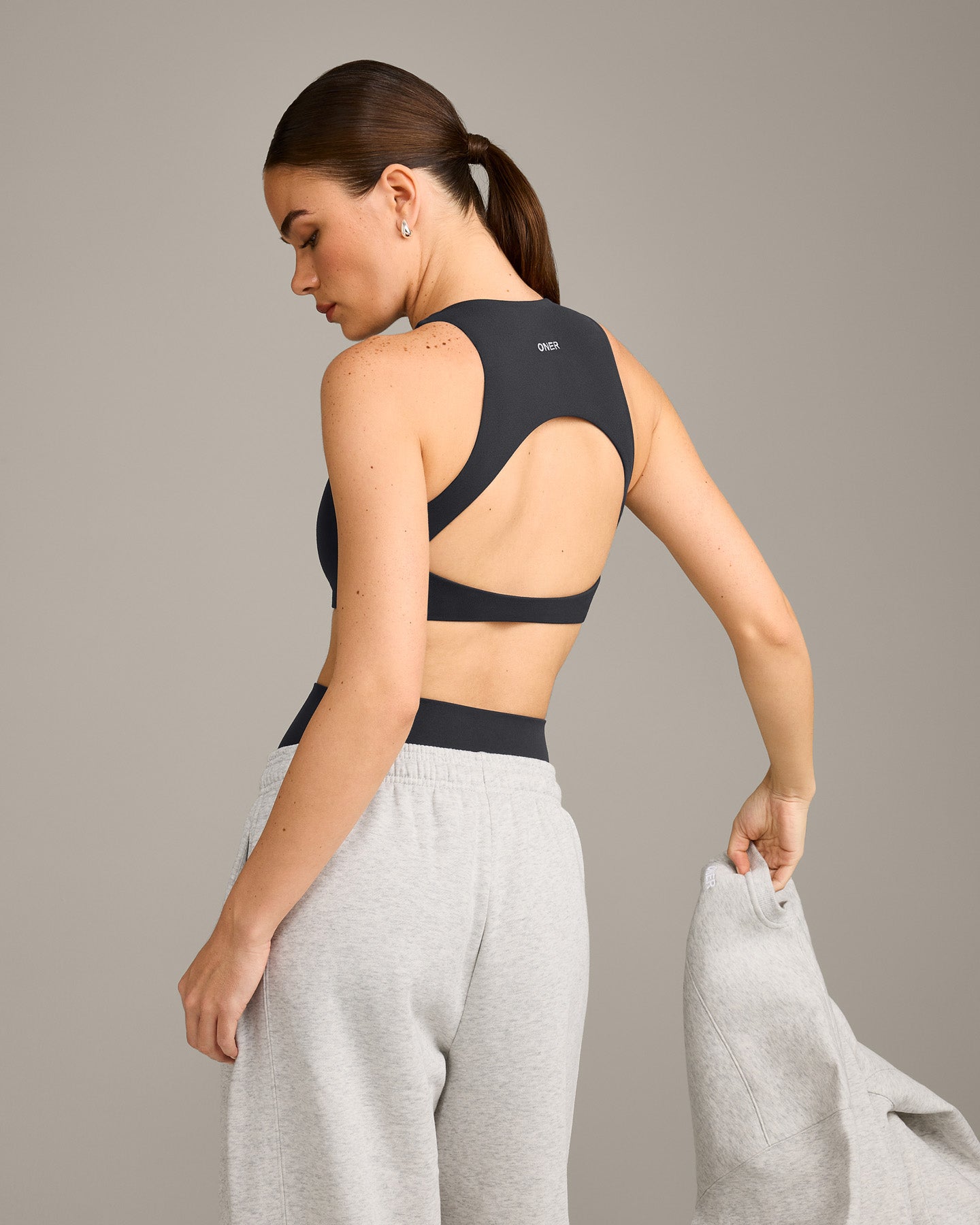 Alternative view of SoftMotion High Neck Sports Bra with Grey Logo | Coal