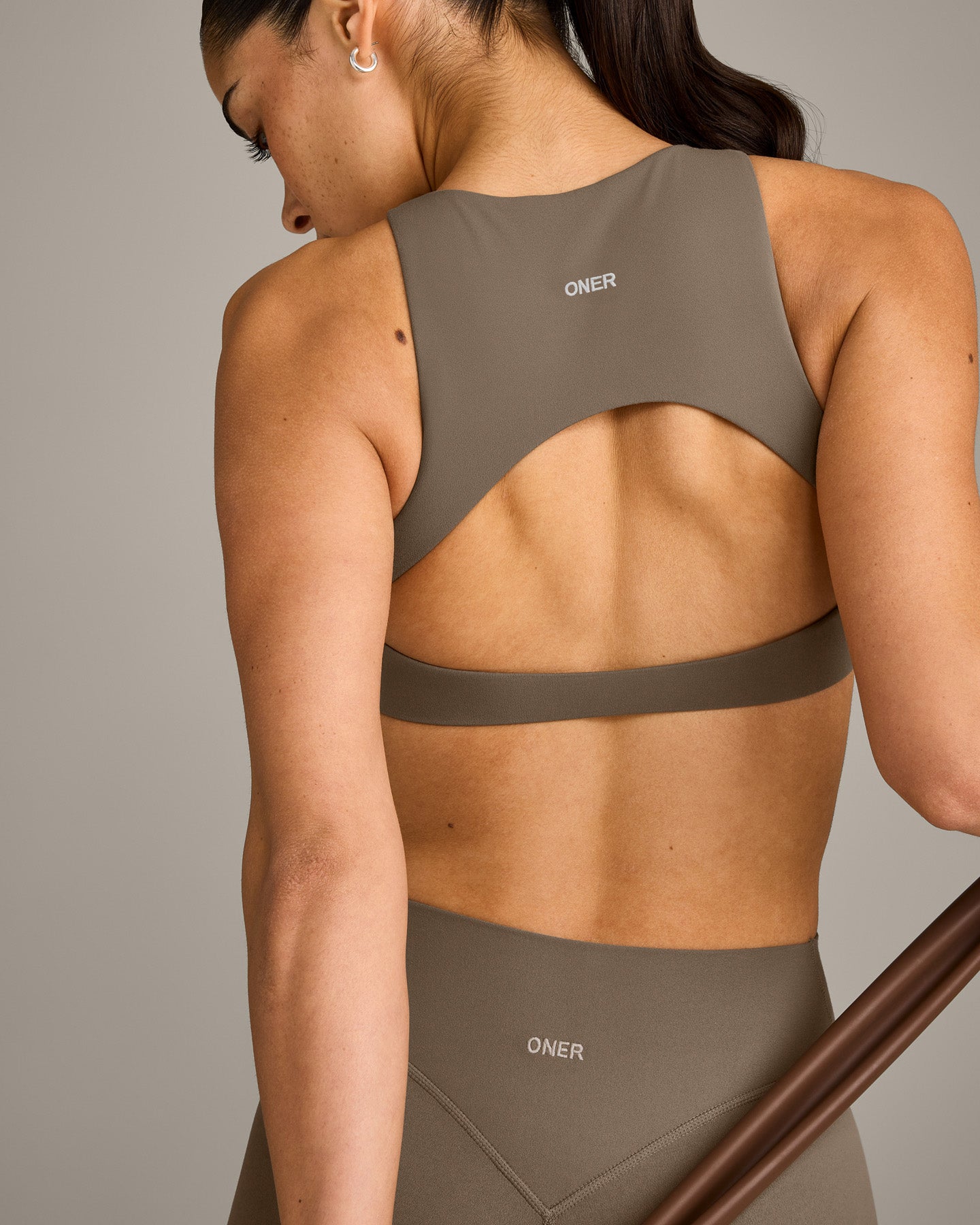 SoftMotion High Neck Sports Bra with Grey Logo | Moss Brown - Image 5