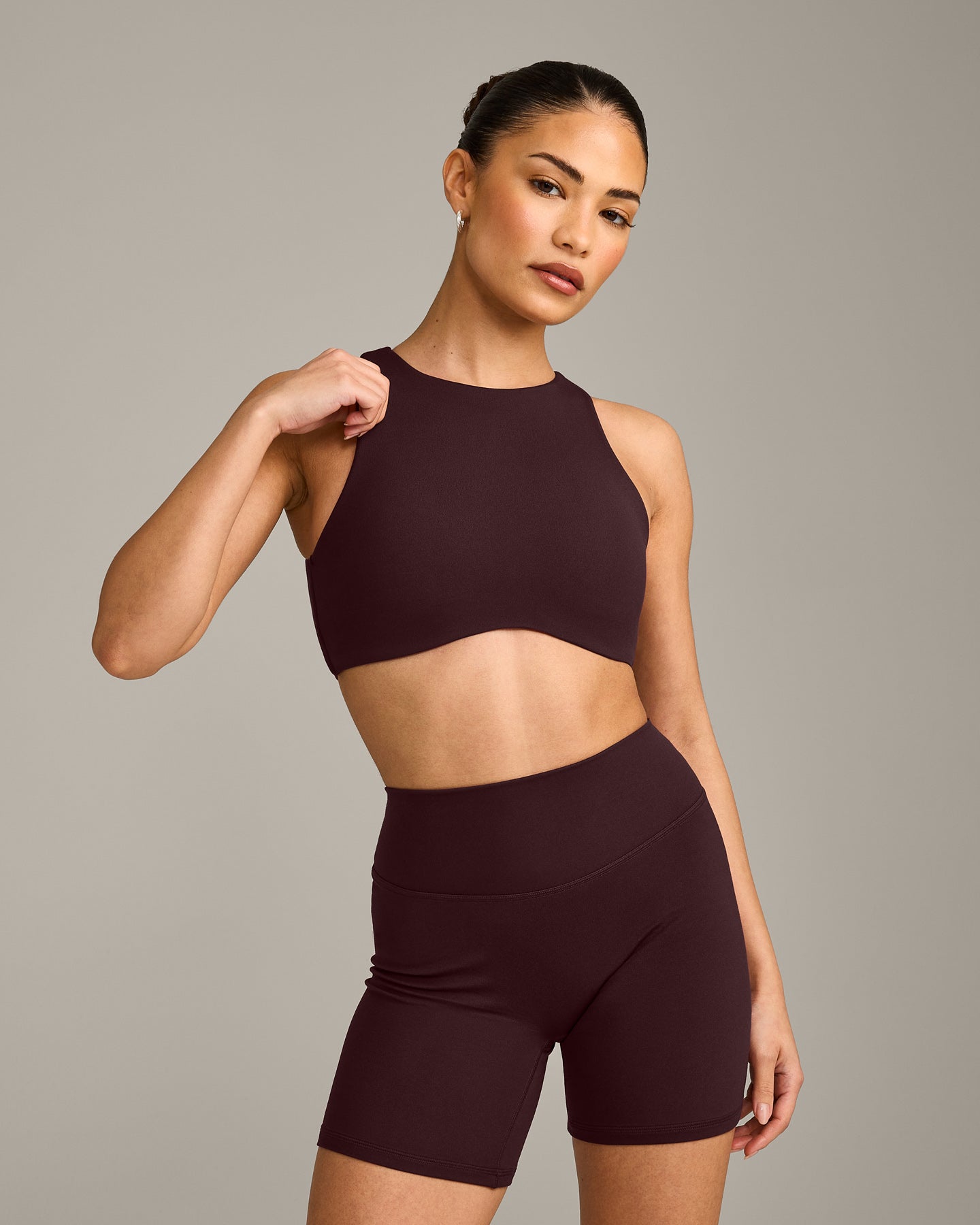 SoftMotion High Neck Sports Bra with Grey Logo | Plum Brown
