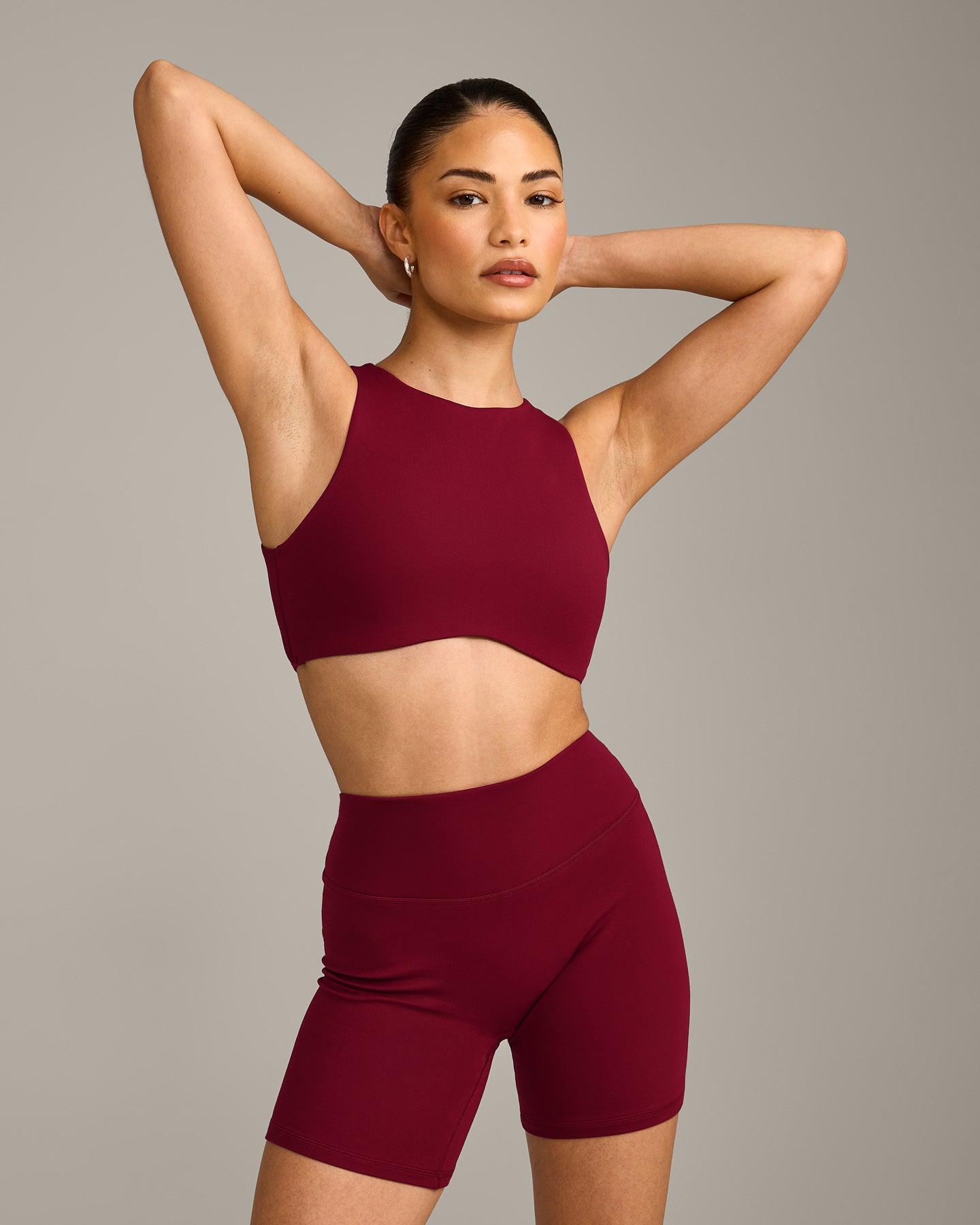 SoftMotion High Neck Sports Bra with Grey Logo | Ruby Red