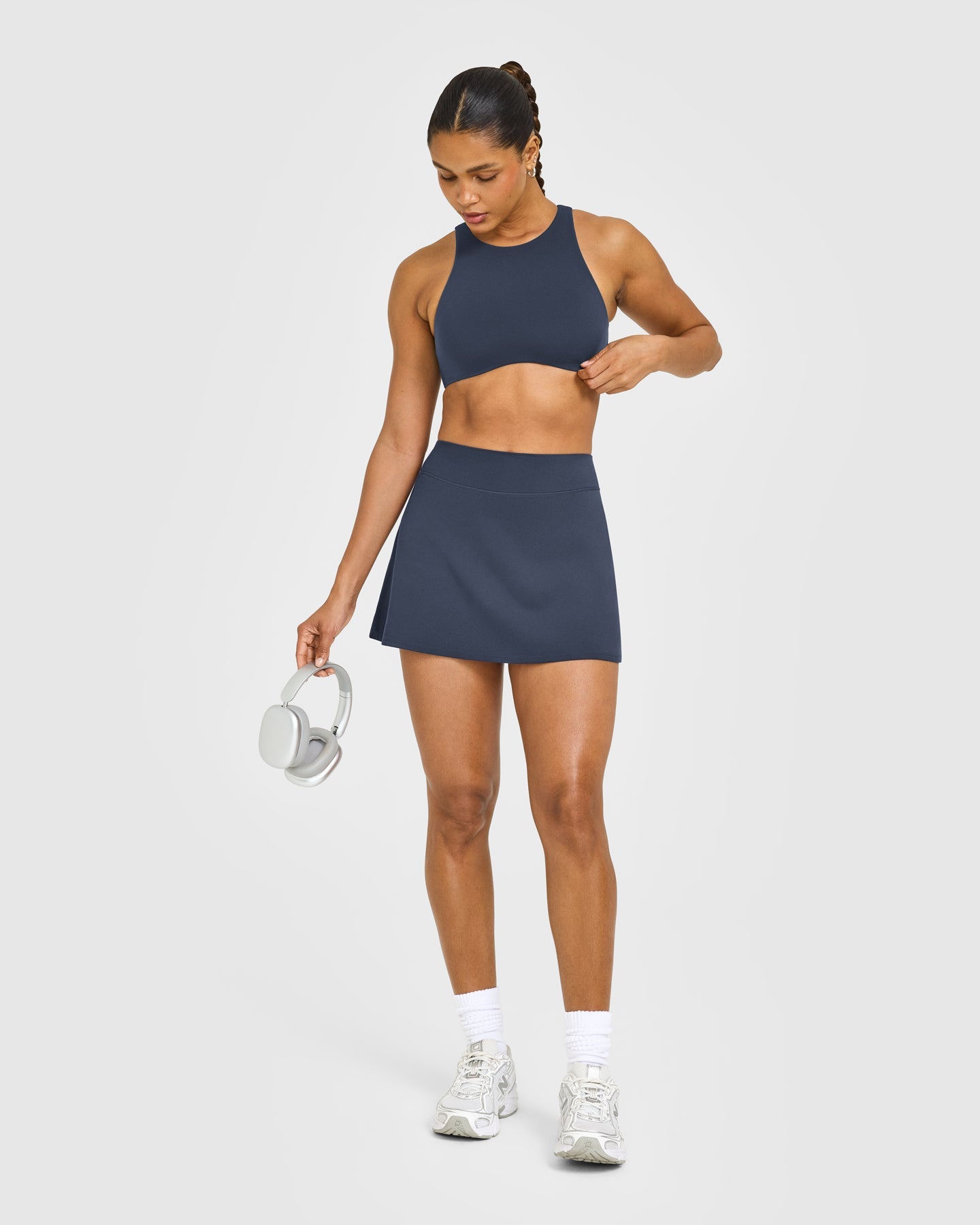 Alternative view of SoftMotion High Neck Sports Bra with White Logo | True Blue