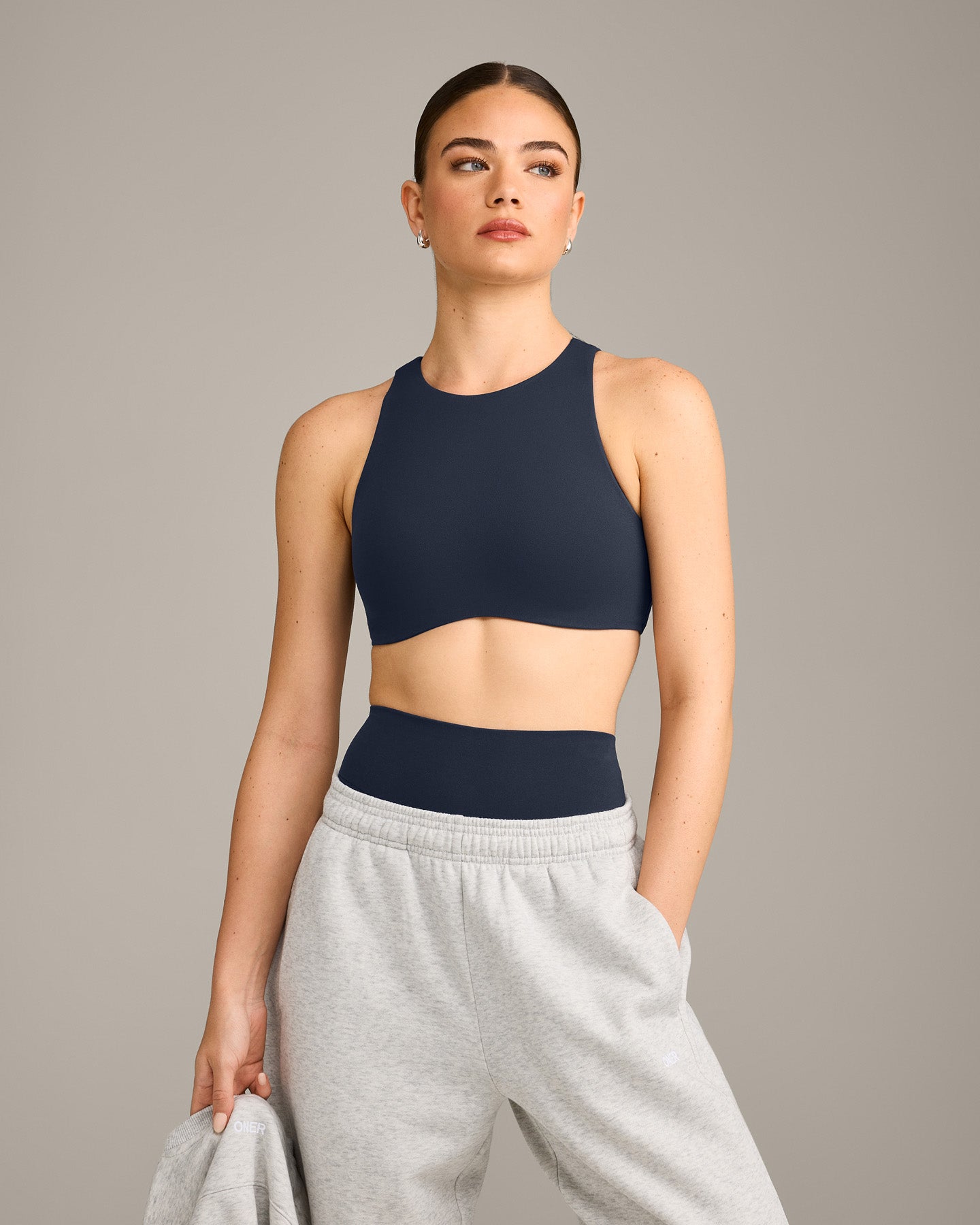 SoftMotion High Neck Sports Bra with Grey Logo | True Blue
