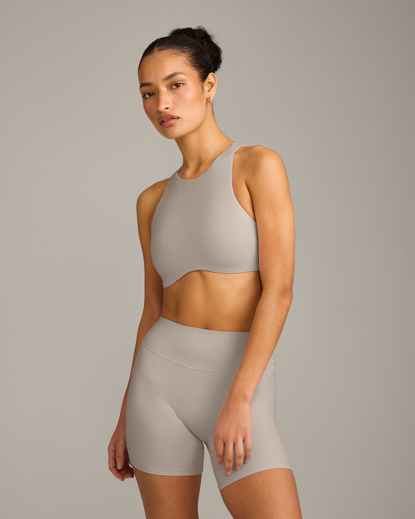 SoftMotion High Neck Sports Bra with White Logo | Warm Sand