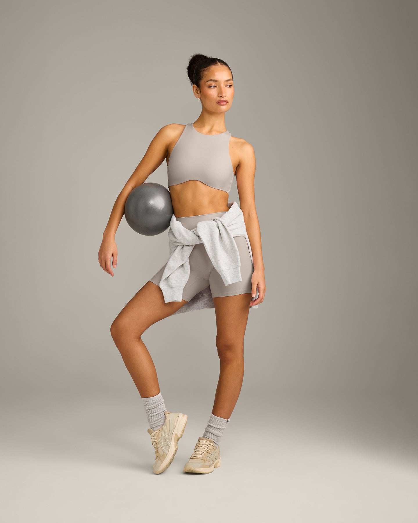 SoftMotion High Neck Sports Bra with White Logo | Warm Sand - Image 3