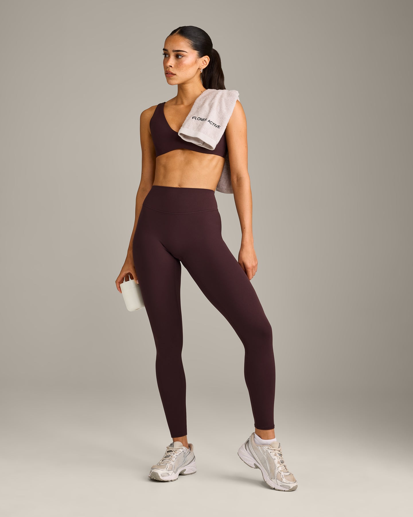SoftMotion High Waisted Leggings with Grey Logo | Plum Brown - Image 3