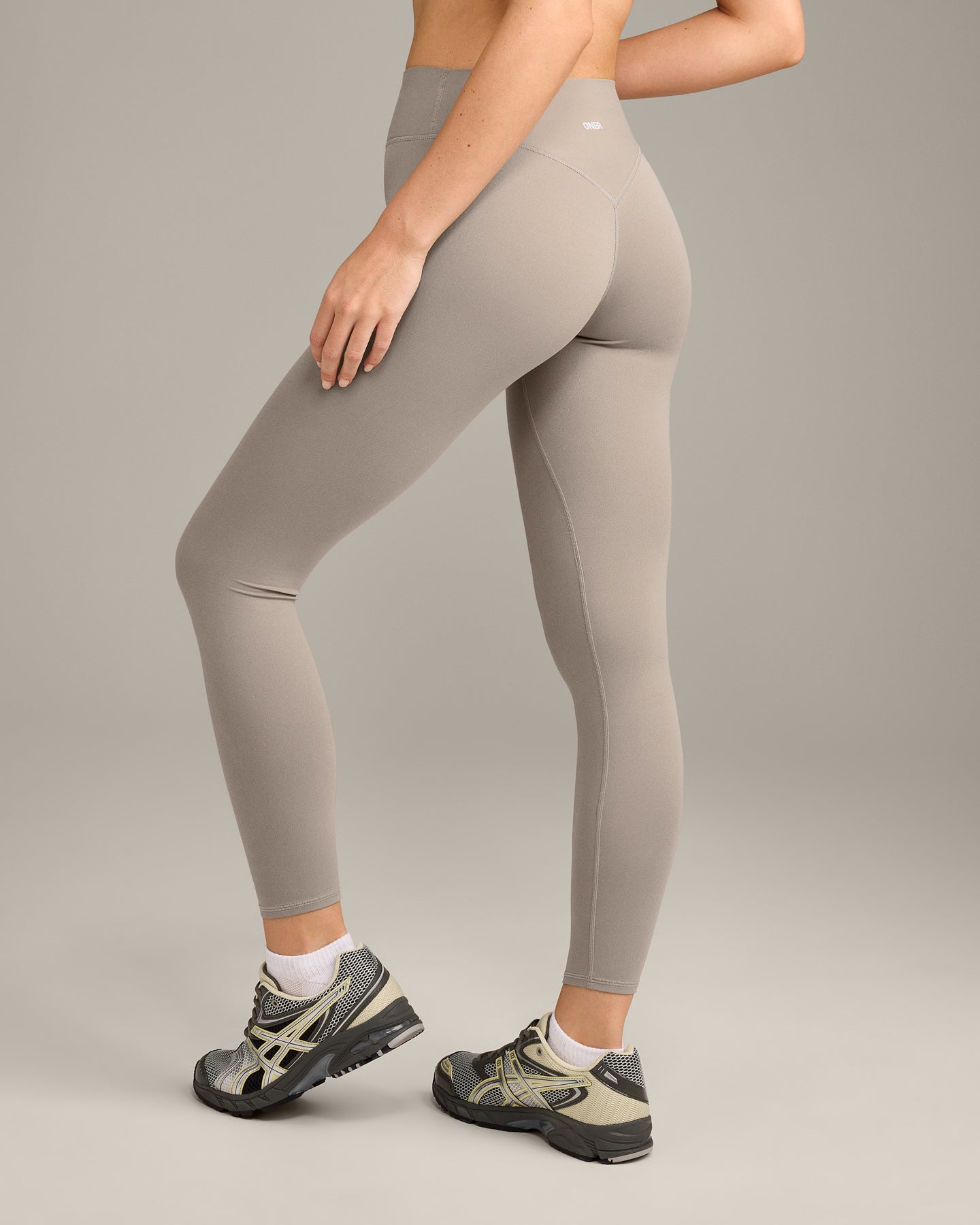 SoftMotion High Waisted Leggings with White Logo | Warm Sand