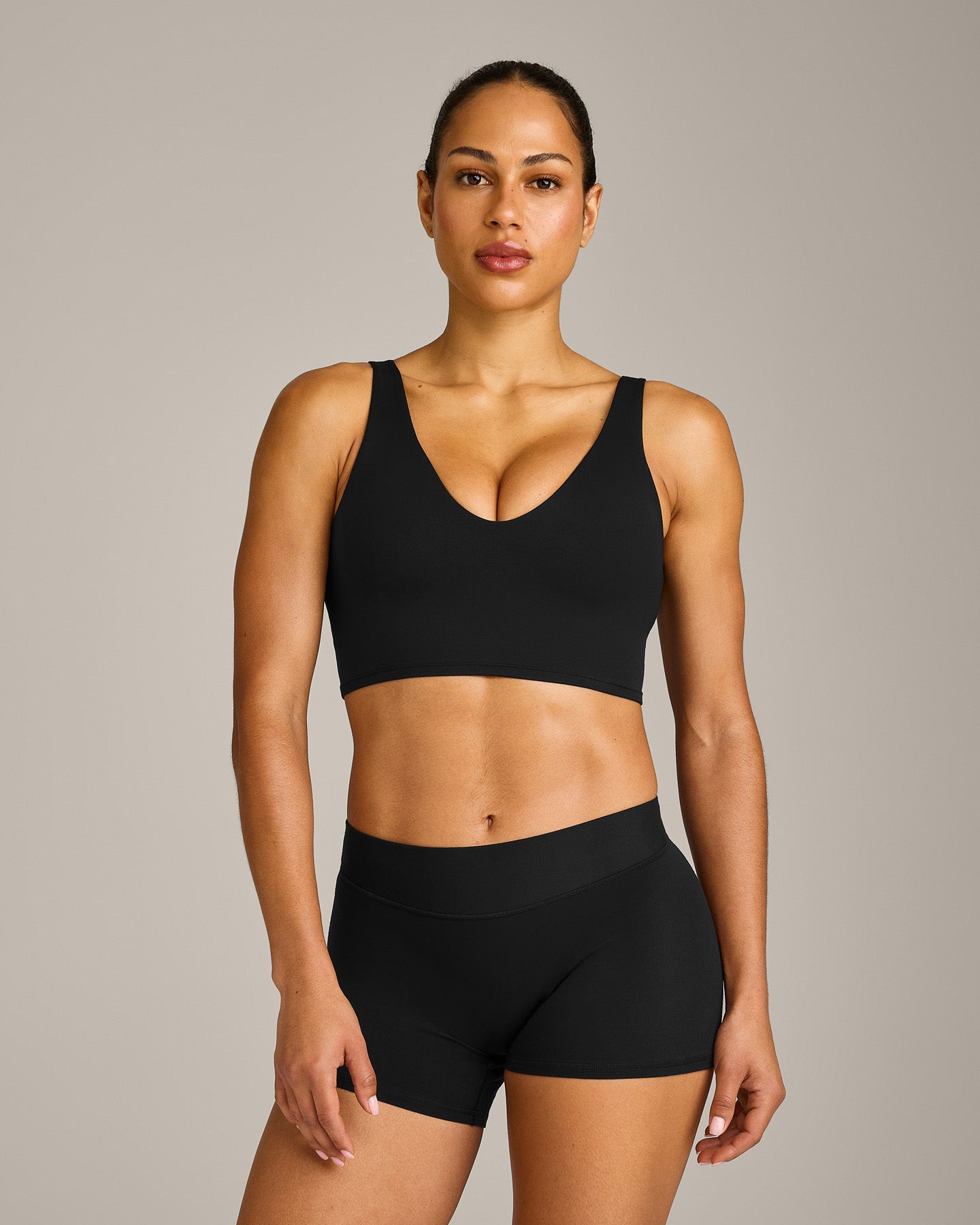 SoftMotion Longline Sports Bra with Grey Logo | Black