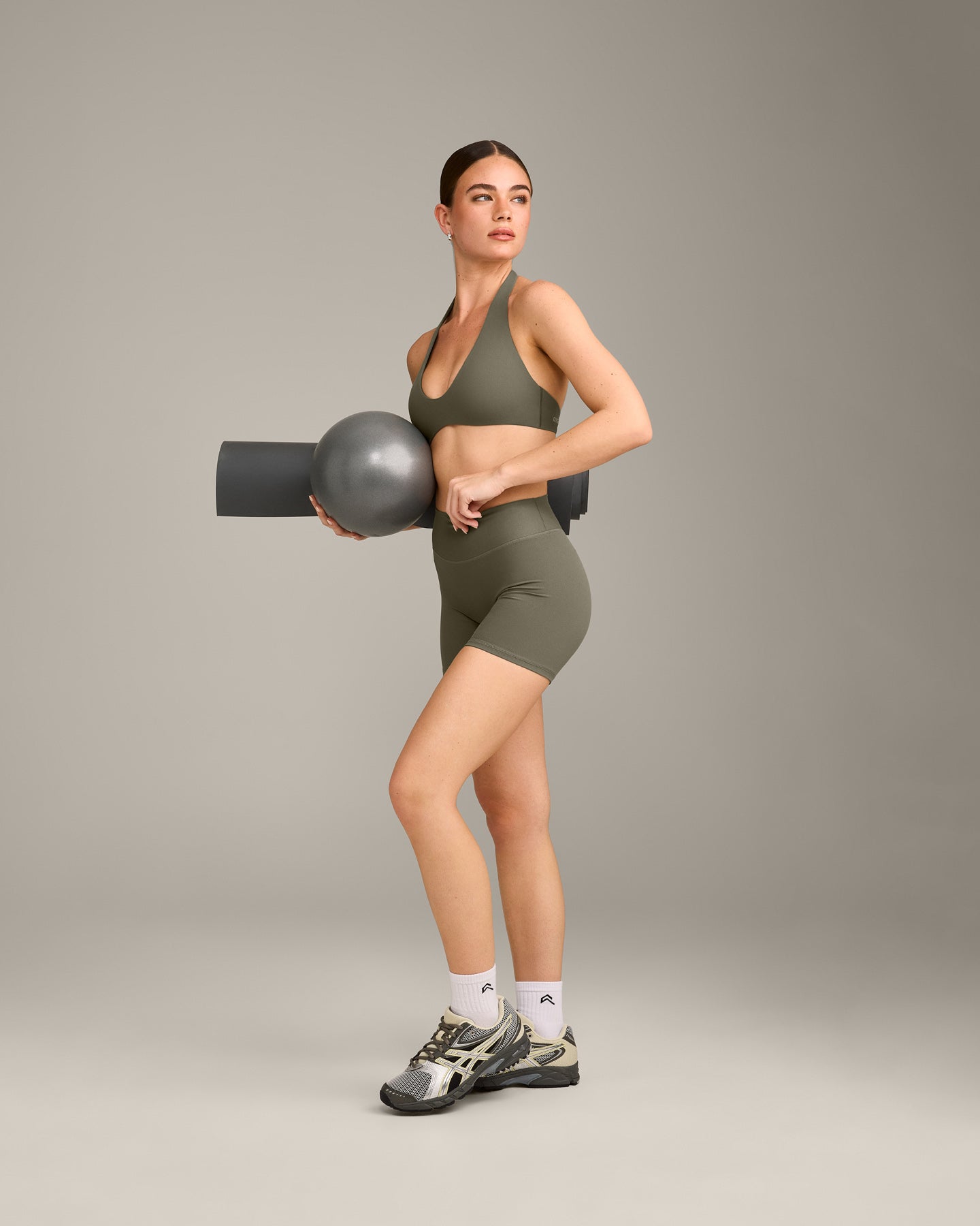SoftMotion Minimal Halter Neck Bralette with Grey Logo | Alpine Green - Image 3