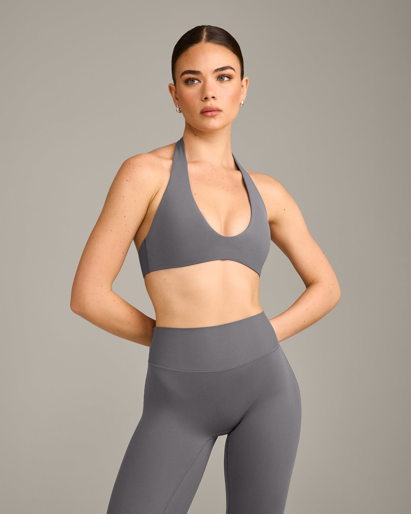 SoftMotion Minimal Halter Neck Bralette with Grey Logo | Ash Grey