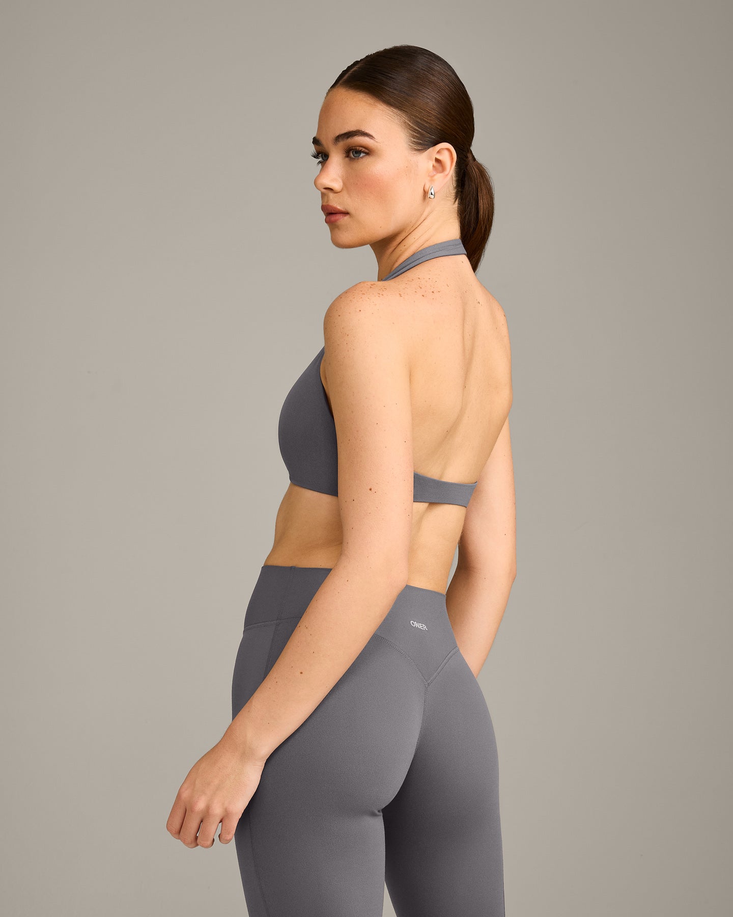 SoftMotion Minimal Halter Neck Bralette with Grey Logo | Ash Grey - Image 6