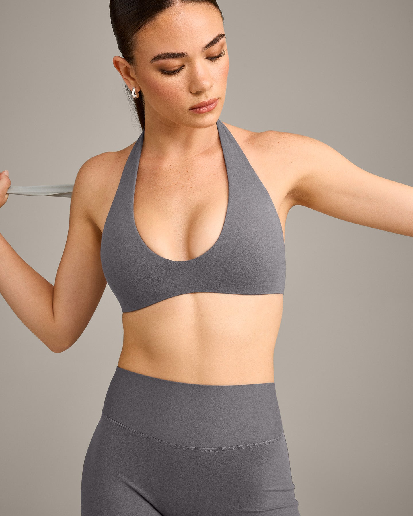 SoftMotion Minimal Halter Neck Bralette with Grey Logo | Ash Grey - Image 4
