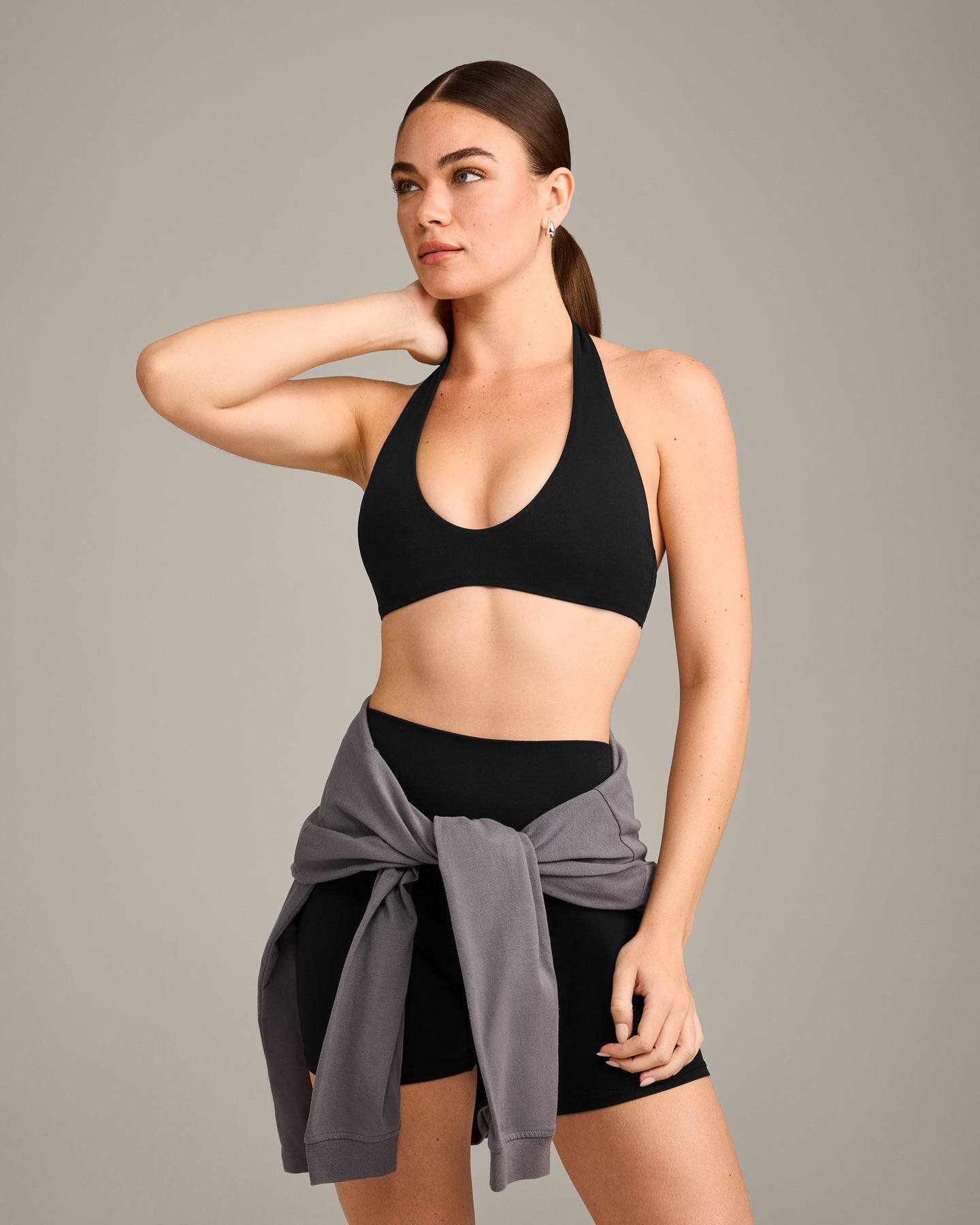 SoftMotion Minimal Halter Neck Bralette with Grey Logo | Black