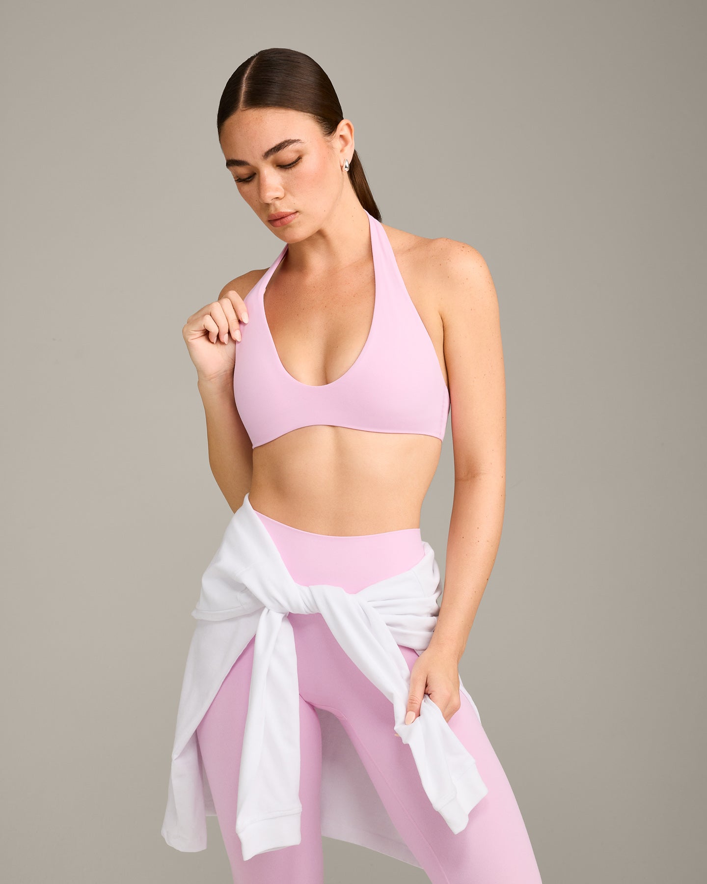 SoftMotion Minimal Halter Neck Bralette with Grey Logo | Chalk Pink