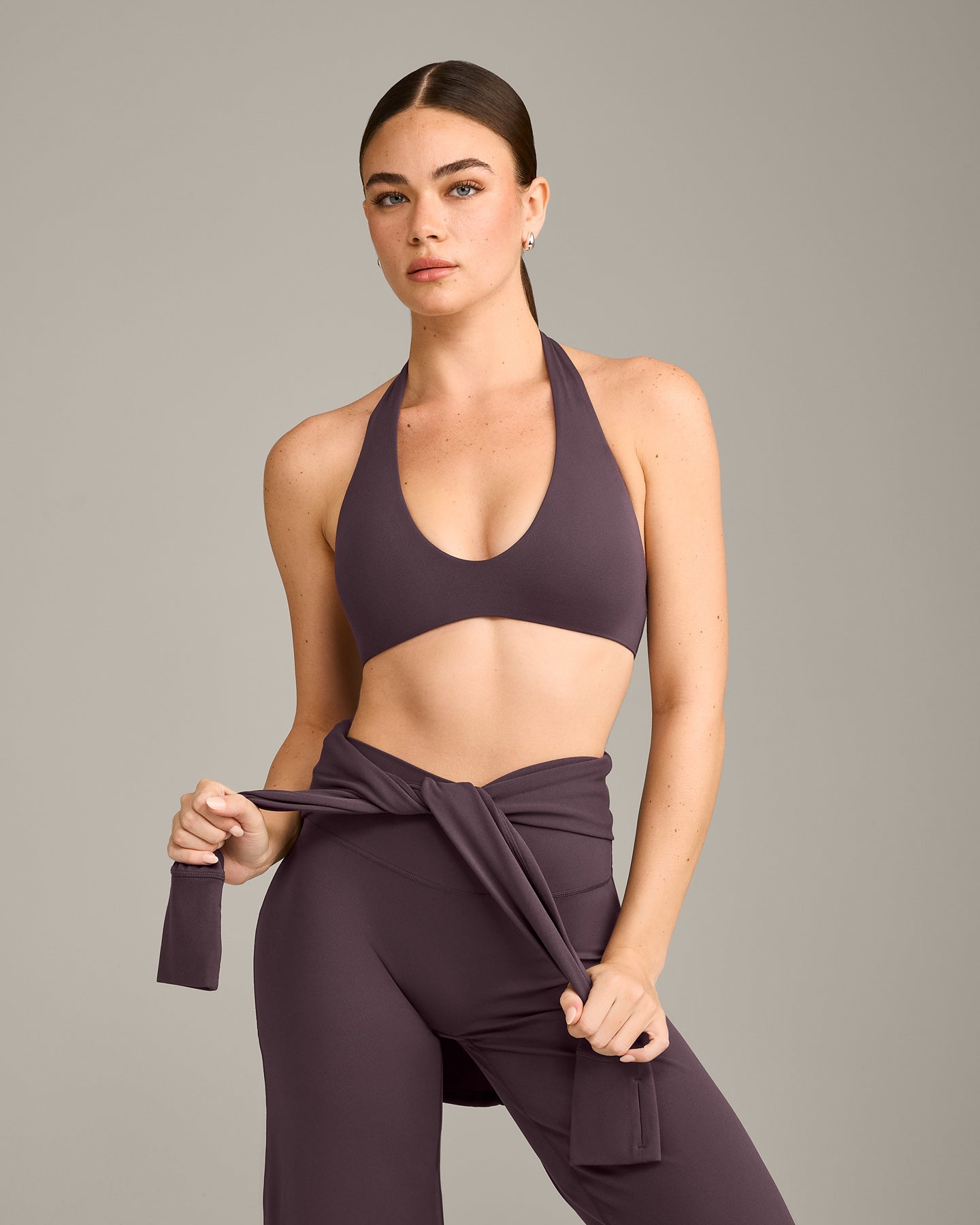 SoftMotion Minimal Halter Neck Bralette with Grey Logo | Dark Umber Brown