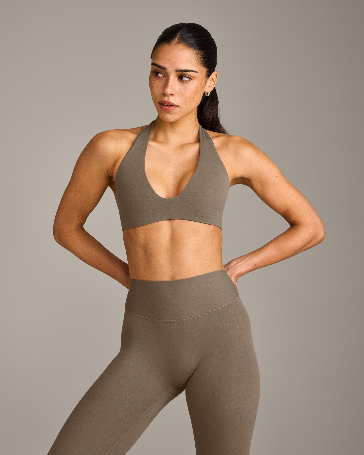 SoftMotion Minimal Halter Neck Bralette with Grey Logo | Moss Brown