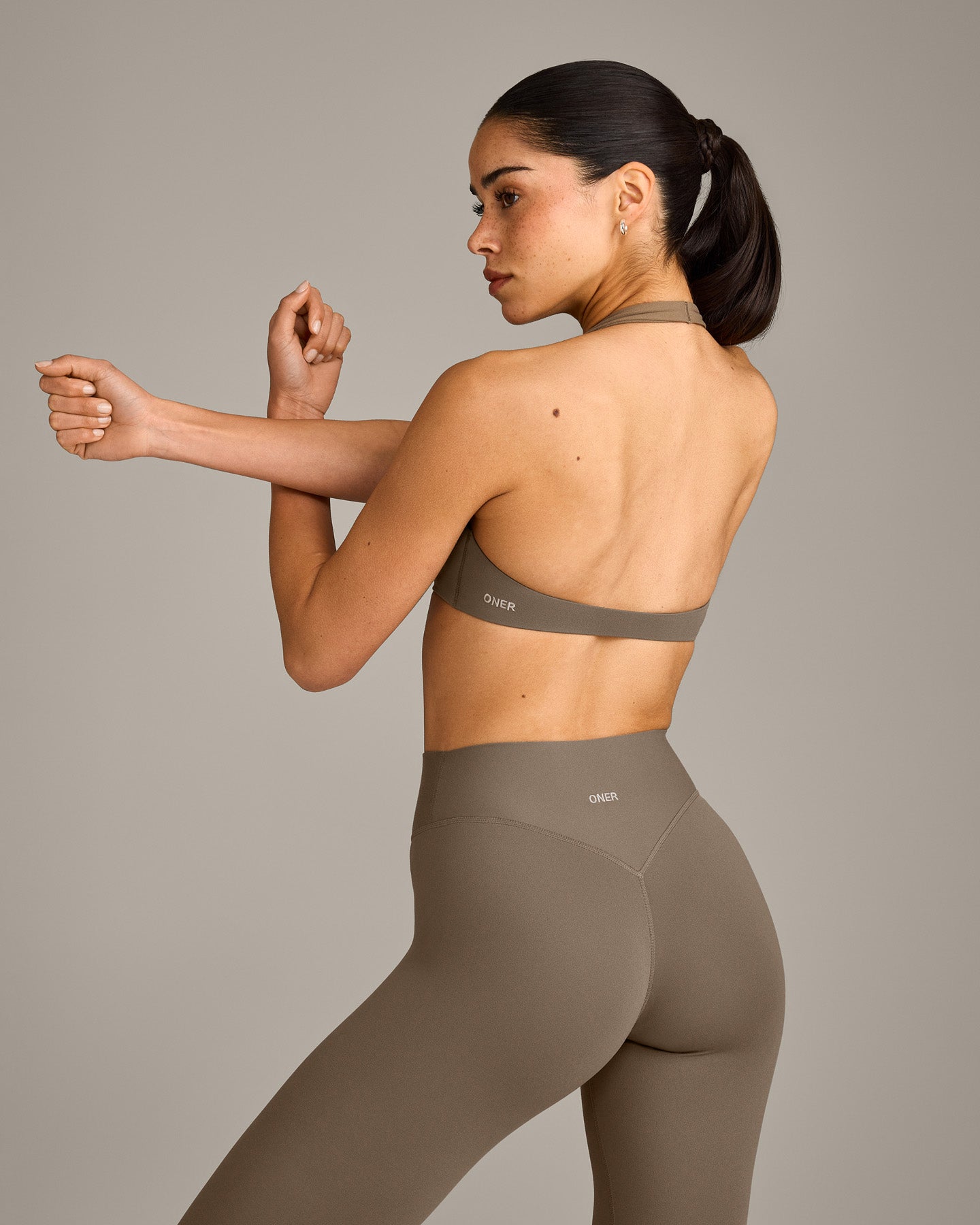 Alternative view of SoftMotion Minimal Halter Neck Bralette with Grey Logo | Moss Brown
