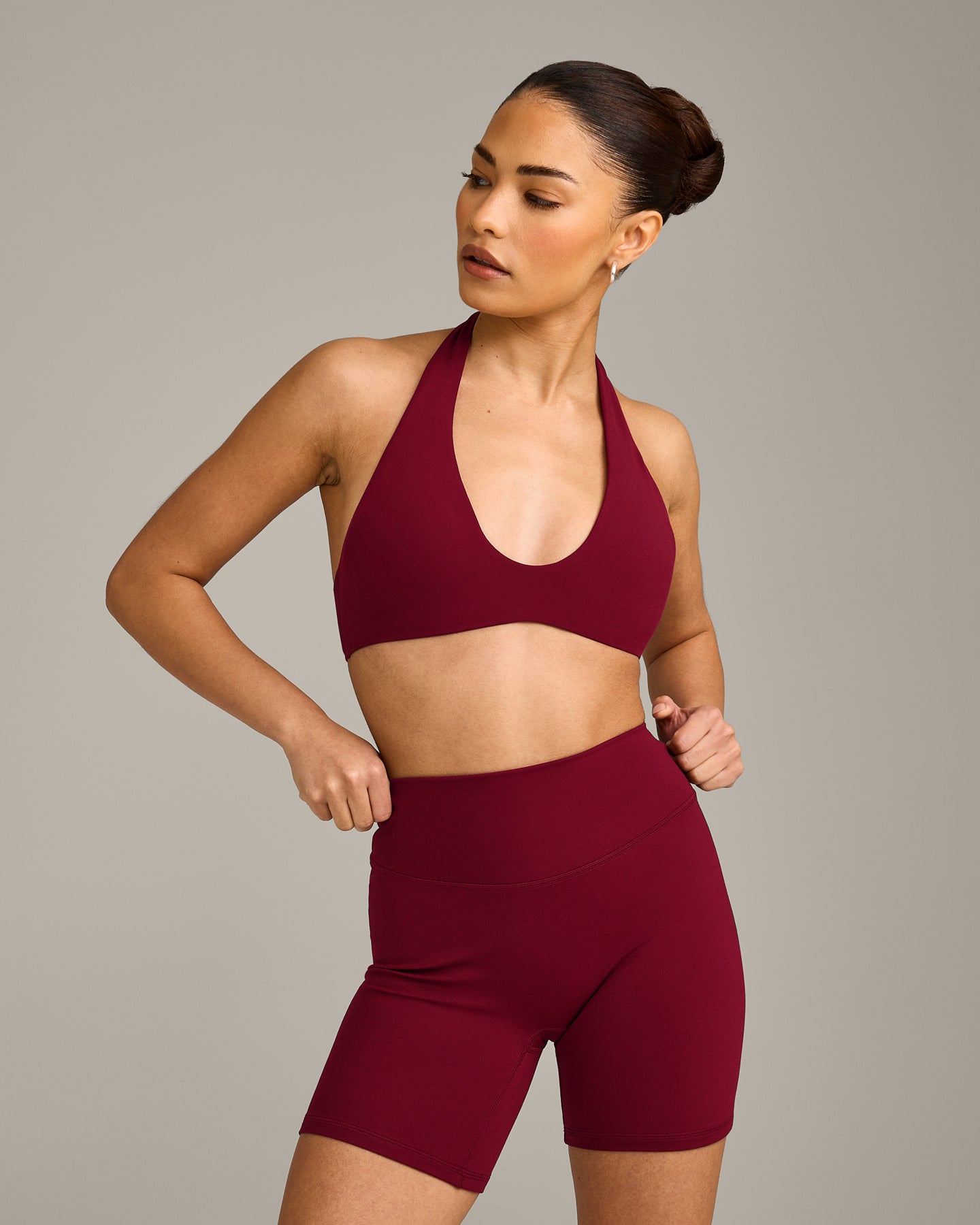 SoftMotion Minimal Halter Neck Bralette with Grey Logo | Ruby Red