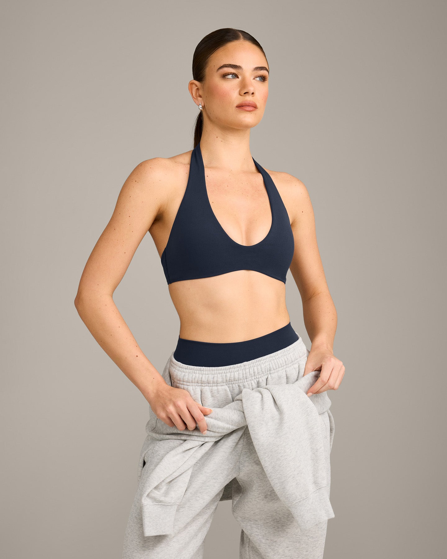 SoftMotion Minimal Halter Neck Bralette with Grey Logo | True Blue